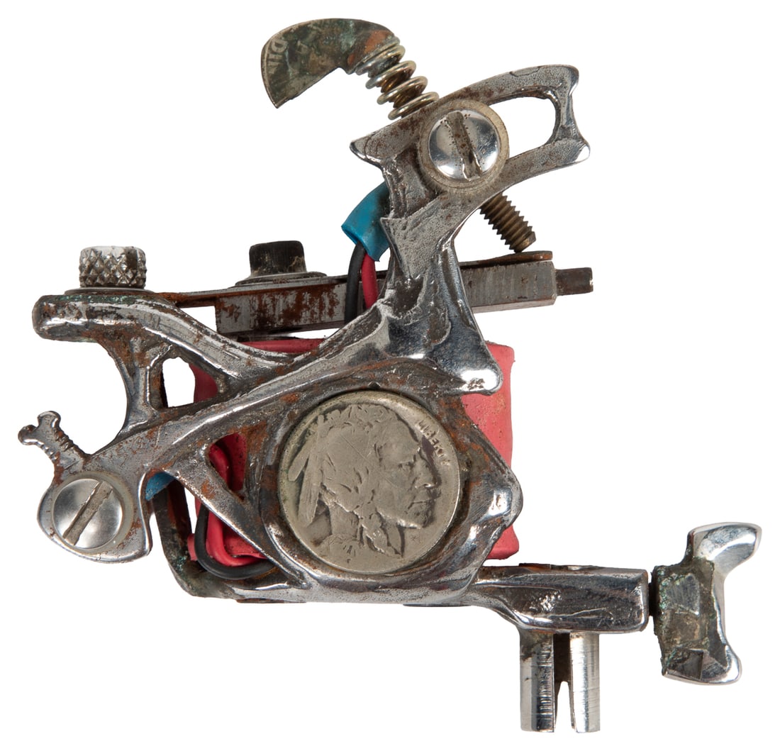O'SULLIVAN, Joseph (American, 1944 - 2022). Spider Webb Custom Buffalo Nickel Tattoo Machine. (1 of 4)