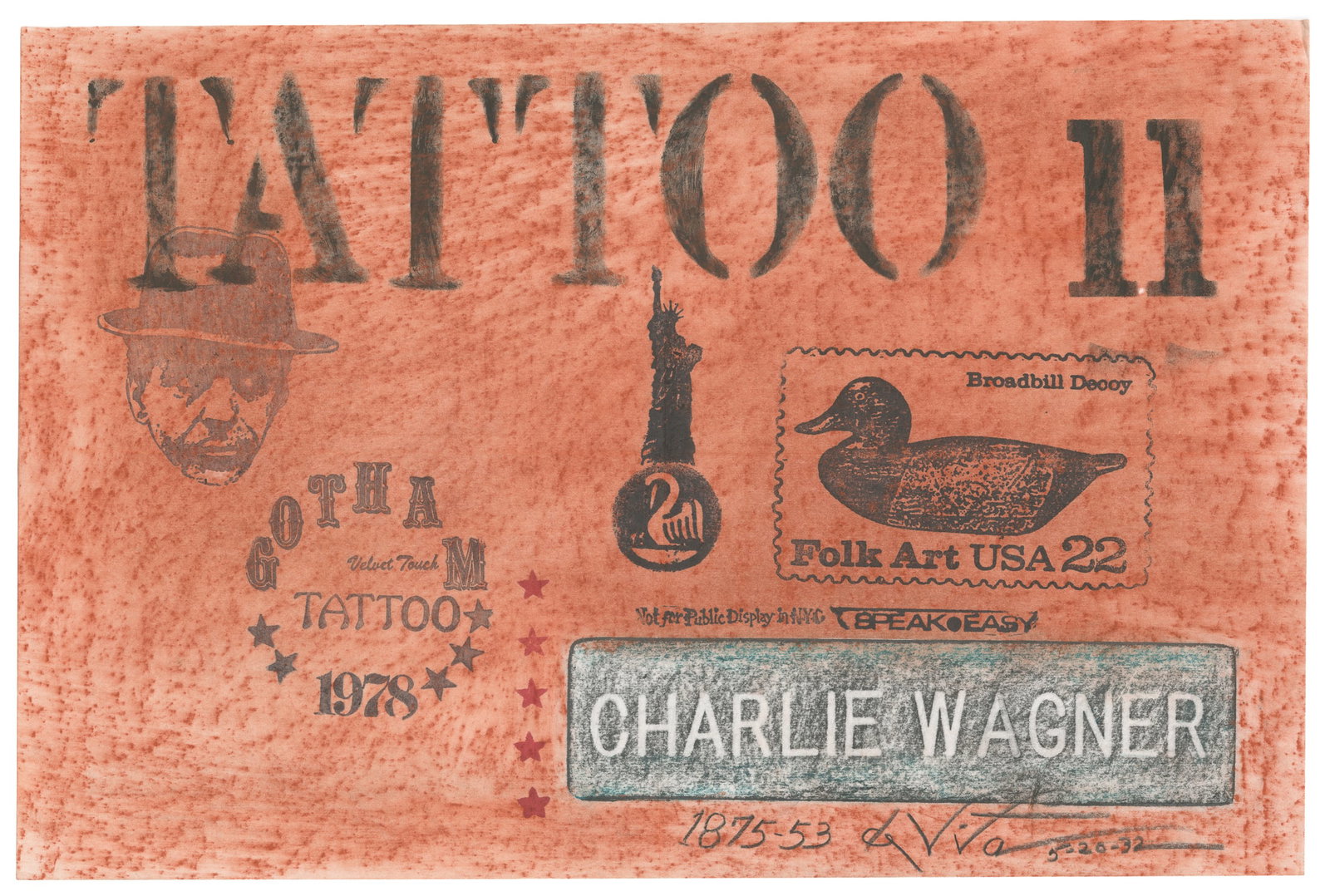 DEVITA, Thom (American, 1933 - 2018). Tattoo Mixed-Media Collage Composition. New York, 21st: DEVITA, Thom (American, 1933 - 2018). Tattoo Mixed-Media Collage Composition. New York, 21st century. Original collage composition incorporating repurposed paper, stamps including the "Gotham Tattoo 1