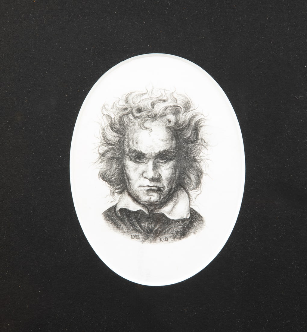 VON D, Kat (von Drachenberg, Katherine, Mexican-American, b. 1982) LvB. (Beethoven). Not dated.: VON D, Kat (von Drachenberg, Katherine, Mexican American, b. 1982) LvB. (Beethoven). Not dated. Graphite on paper. Paper seems to be from typing paper from her office. Very cool drawing matching up he