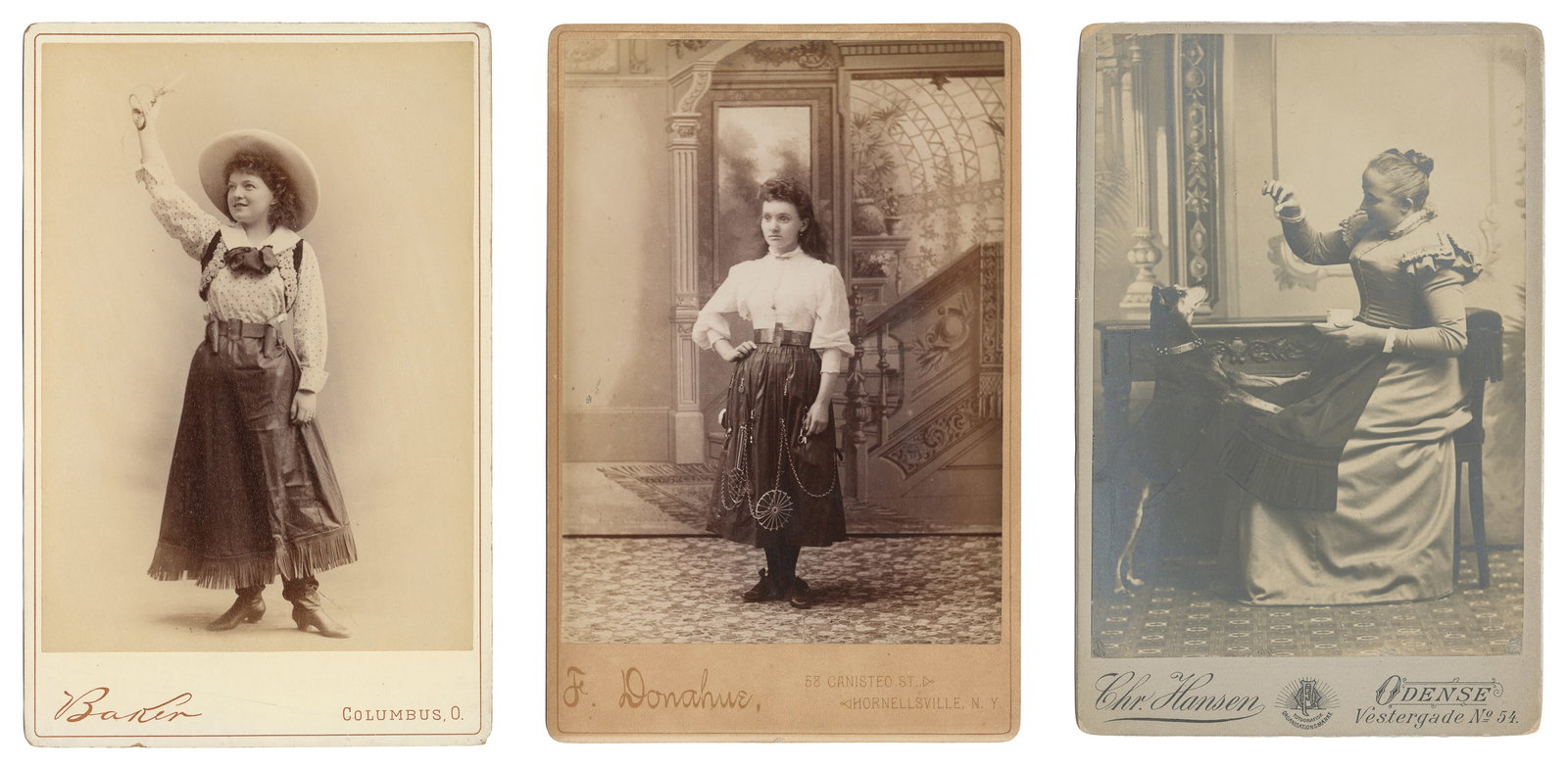 Three Cabinet Card Portraits of Women, including Actress Flora Walsh. Circa late 19th century.: Three Cabinet Card Portraits of Women, including Actress Flora Walsh. Circa late 19th century. Each 6 1/2 x 4 1/4". The first, a portrait of Flora Walsh (1870-1893) in western wear posing with a