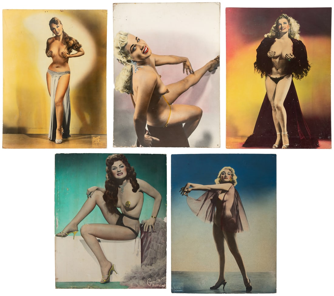 Large Burlesque / Stripper Tinted Show Cards (5). 1950s.: Large Burlesque / Stripper Tinted Show Cards (5). 1950s. Printed tinted photos on thick cardboard, 1/8". Photographer credits include Bruno, Hollywood / NYC (2), Maurice Seymour, Chicago (1), and two