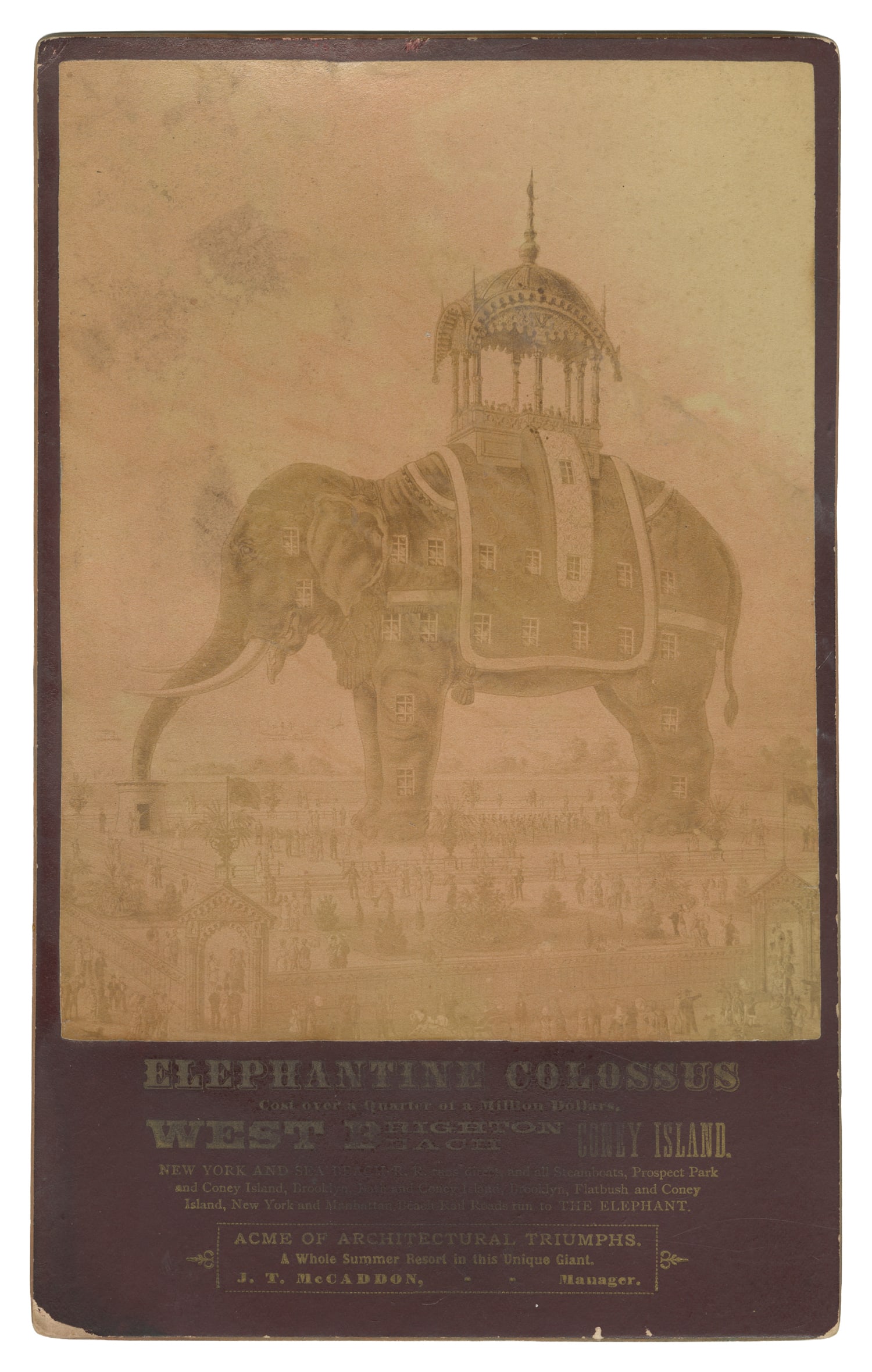 [CONEY ISLAND]. Elephantine Colossus Cabinet Card. New York: late 1880s.: [CONEY ISLAND]. Elephantine Colossus Cabinet Card. New York: late 1880s. Cabinet card advertising the 150-foot-tall novelty attraction on Coney Island designed by James V. Lafferty. Opening in 1885,