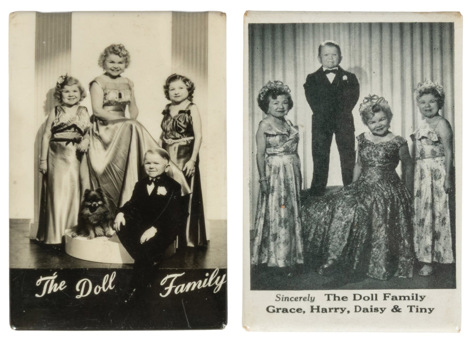 [LITTLE PEOPLE]. Pair of Doll Family Celluloid Pocket Mirrors.: [LITTLE PEOPLE]. Pair of Doll Family Celluloid Pocket Mirrors. Each depicts the four siblings (Grace, Harry, Daisy, and Tiny) posing in eveningwear. Famously, they starred as Munchkins in the 1939