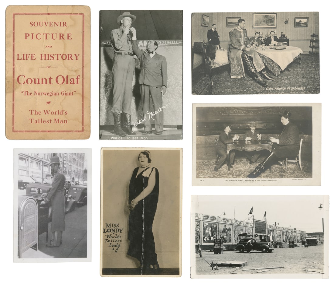 [GIANTS]. Group of 10 Photographs, RPPCs, and a Booklet for Various Giants. Circa mid-20th century.: [GIANTS]. Group of 10 Photographs, RPPCs, and a Booklet for Various Giants. Circa mid-20th century. Giants included are Johann K. Petursson, the Russian Giant Machnow, Count Olaf, Jakob Nacken, Miss