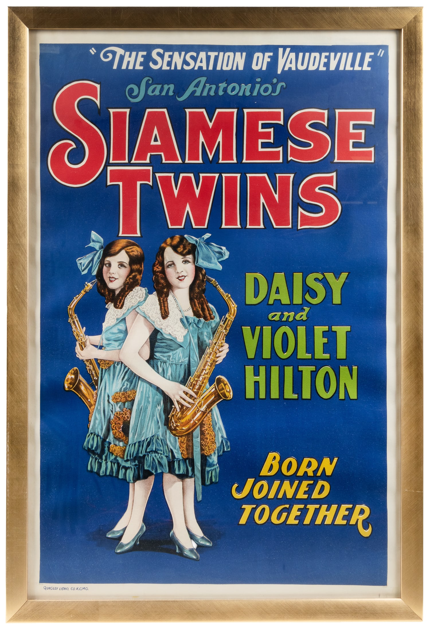 Siamese Twins. Daisy and Violet Hilton.: Siamese Twins. Daisy and Violet Hilton. Kansas City, MO: Quigley Litho Co., ca. 1920s. One-sheet color stone lithograph poster for “The Sensation of Vaudeville,” “San