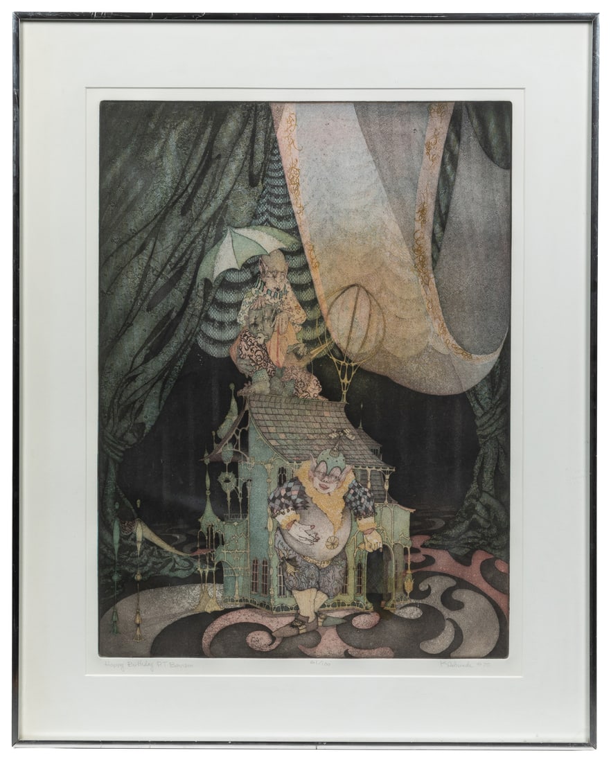KLABUNDE, Charles (1935 - 2024). Happy Birthday P.T. Barnum. 1975.: KLABUNDE, Charles (1935 - 2024). Happy Birthday P.T. Barnum. 1975. Etching and aquatint, signed, titled, and numbered in the margin (#61 / 100). Framed and matted with plexiglass, 31 1/4 x 24 1/2";