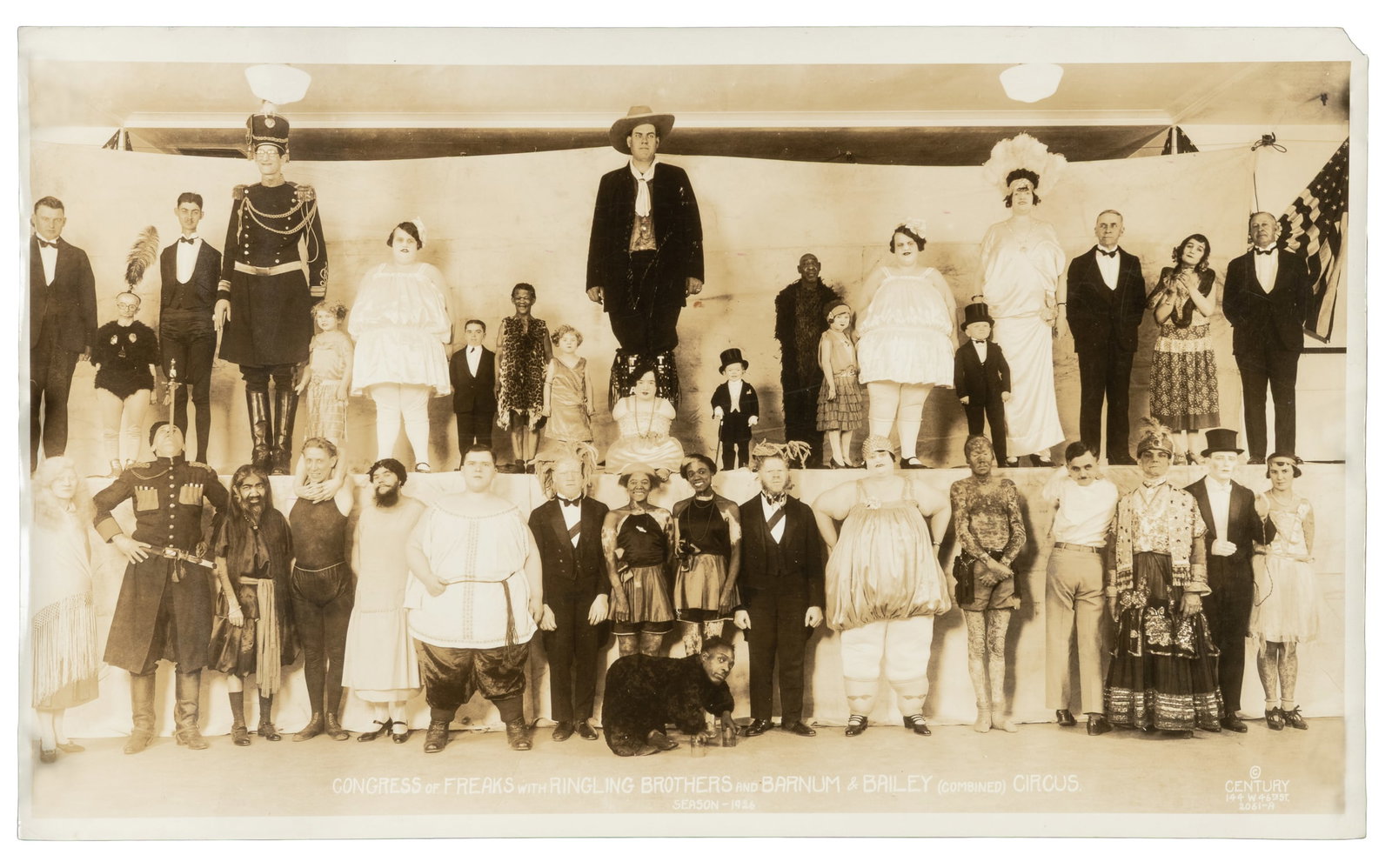 KELTY, Edward J. (1888 - 1967). Congress of Freaks at Ringling Bros. and Barnum & Bailey Circus -: KELTY, Edward J. (1888 - 1967). Congress of Freaks at Ringling Bros. and Barnum & Bailey Circus - Season 1926. New York: Century. Silver print panoramic photograph of the sideshow cast. With title,