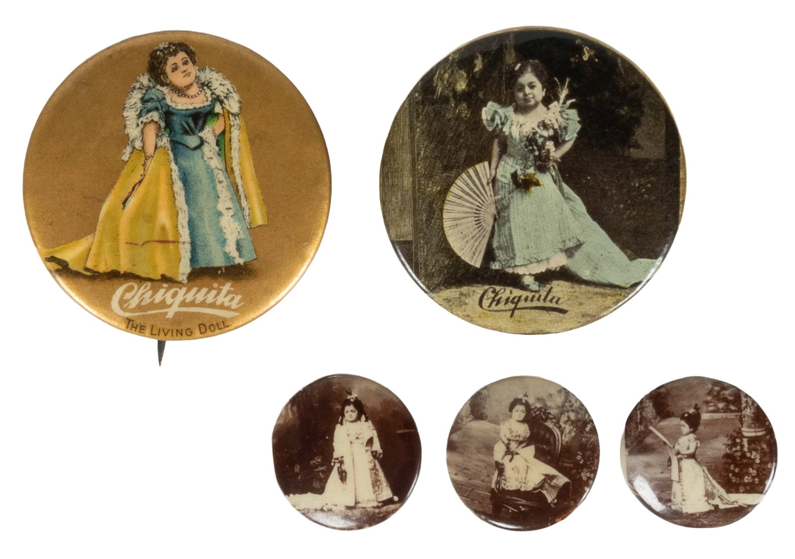 [LITTLE PEOPLE]. Group of 5 Chiquita "The Living Doll" Pinback Buttons. Late 19th - early 20th: [LITTLE PEOPLE]. Group of 5 Chiquita "The Living Doll" Pinback Buttons. Late 19th - early 20th century. Two larger and three small pins with full-length portraits of the performer; one a drawing and t