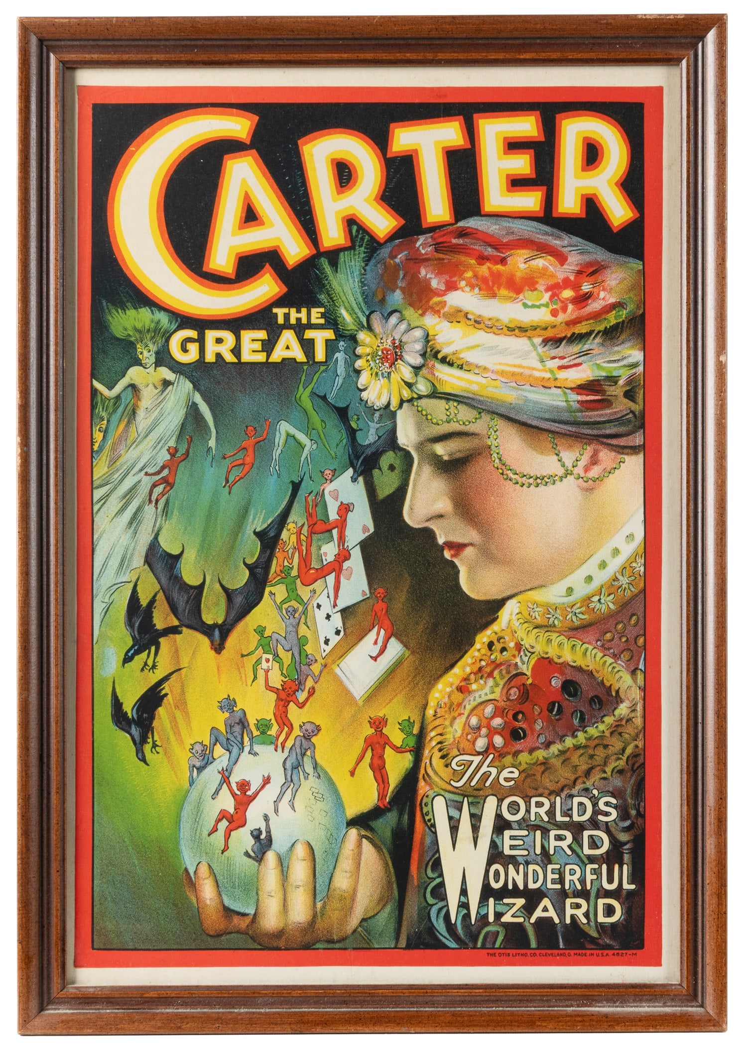 CARTER, Charles. Carter the Great. The World’s Weird Wonderful Wizard.: CARTER, Charles. Carter the Great. The World’s Weird Wonderful Wizard. Cleveland: The Otis Litho. Co., ca. 1930s. Color lithographed window card shows Carter, in a fancy turban, with imagery of 