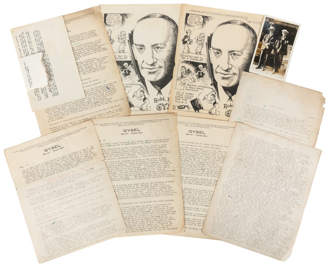GYSEL, Robert (1880 - 1938). Manuscript and Correspondence Explaining Tricks of Fraudulent Spirit: GYSEL, Robert (1880 - 1938). Manuscript and Correspondence Explaining Tricks of Fraudulent Spirit Mediums. 1920s. Over 50 typed and manuscript pages, most on Gysel's printed 4to letterheads, with
