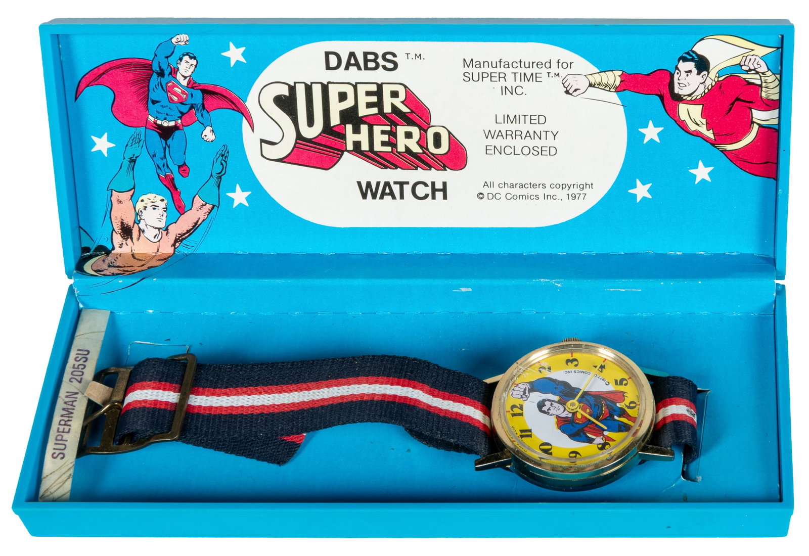 [COMICS]. DABS Super Hero Superman Watch. Super Time Inc./ DC Comics Inc., 1977.: [COMICS]. DABS Super Hero Superman Watch. Super Time Inc./ DC Comics Inc., 1977. Original Superman 205SU model Swiss-made watch with stainless-steel back and base metal bezel. Retains original hinged