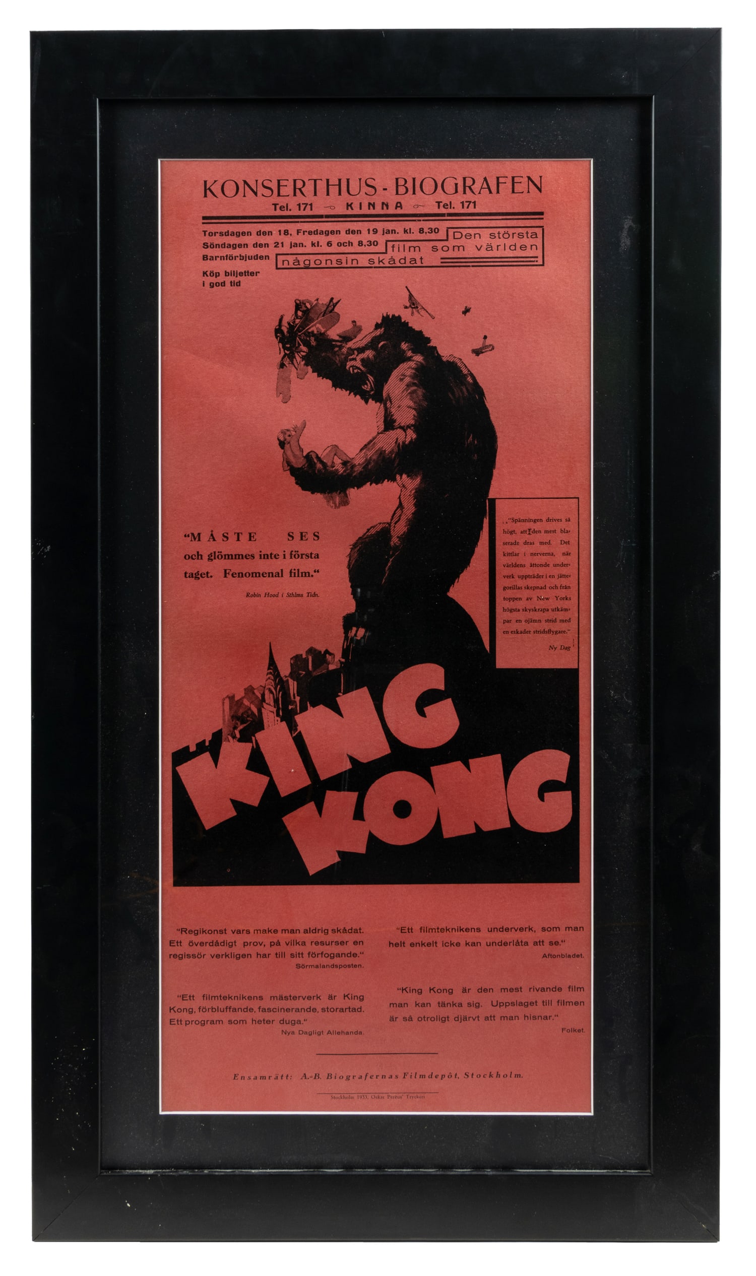 King Kong. RKO, 1933.: King Kong. RKO, 1933. Swedish insert poster advertising the release of Merian C. Cooper's legendary movie in Stockholm. Sight: 27 7/8 x 12 3/8". Frame: 35 1/2 x 20 x 3/4".