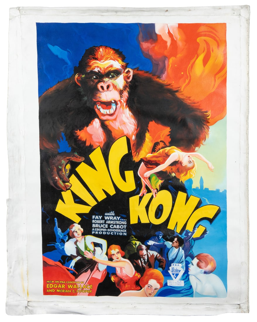 King Kong Painting. 21st century.: King Kong Painting. 21st century. Acrylic on canvas. Painting of the 1933 King Kong movie poster featuring an iconic image of the creature holding a woman, with the title in bold yellow. Image: 40