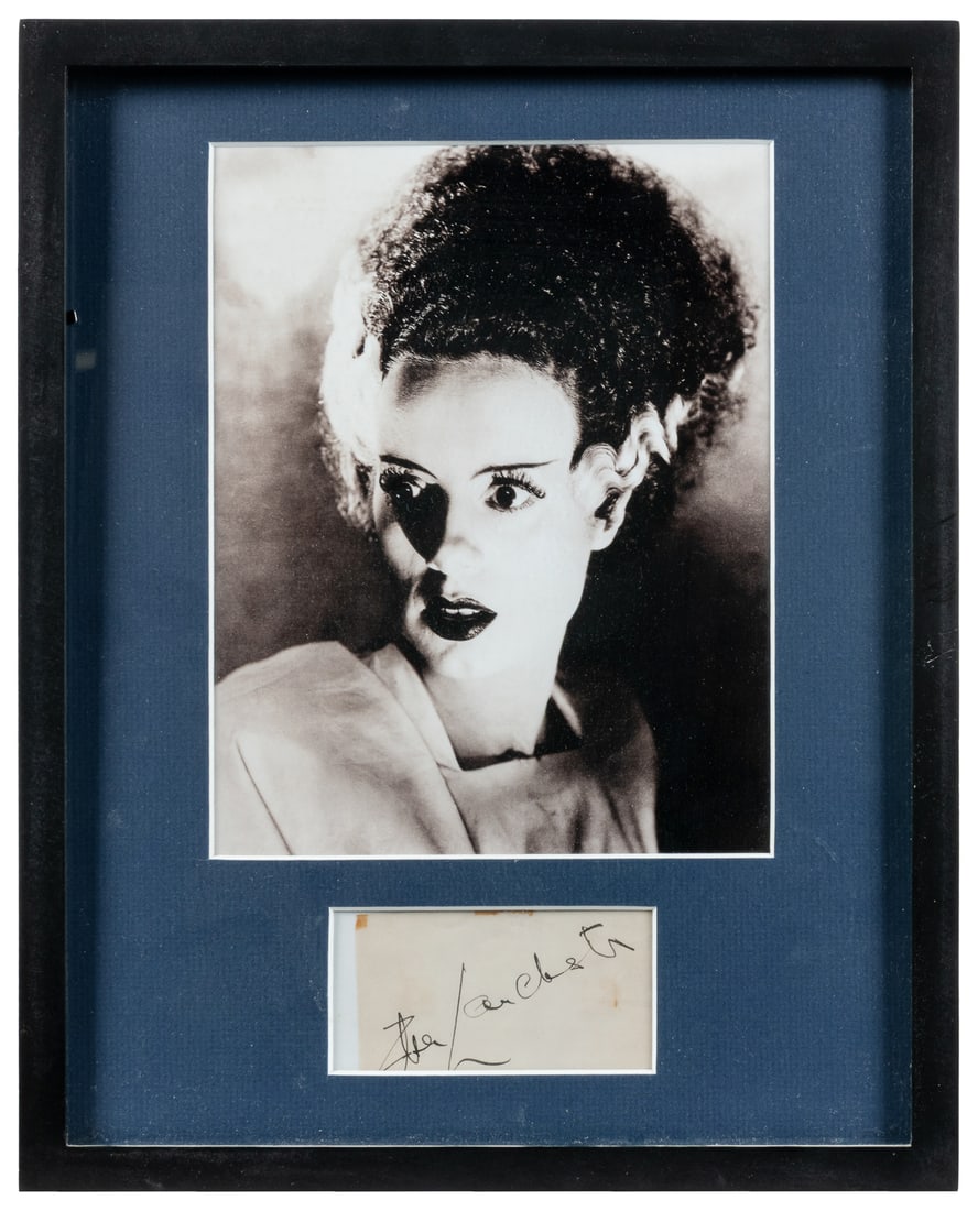 [CINEMA]. LANCASTER, Elsa. Framed Signed Card. [N.p., ca. 20th century].: [CINEMA]. LANCASTER, Elsa. Framed Signed Card. [N.p., ca. 20th century]. Signed index card. Sight approximately 2 x 3 1/2". Matted and framed with a later black and white portrait of Lancaster in her