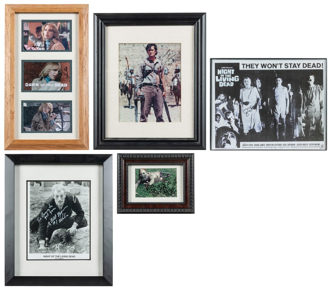 [CINEMA]. [ROMERO, George A. [and] ROSS, Gaylen [and] HINZMAN, Bill. Five Signed Framed Items: [CINEMA]. [ROMERO, George A. [and] ROSS, Gaylen [and] HINZMAN, Bill.] Trio of Signed Framed Items Related to Romero's Zombie Films. [V.p., ca. 21st century]. Framed items include: color photocopy of