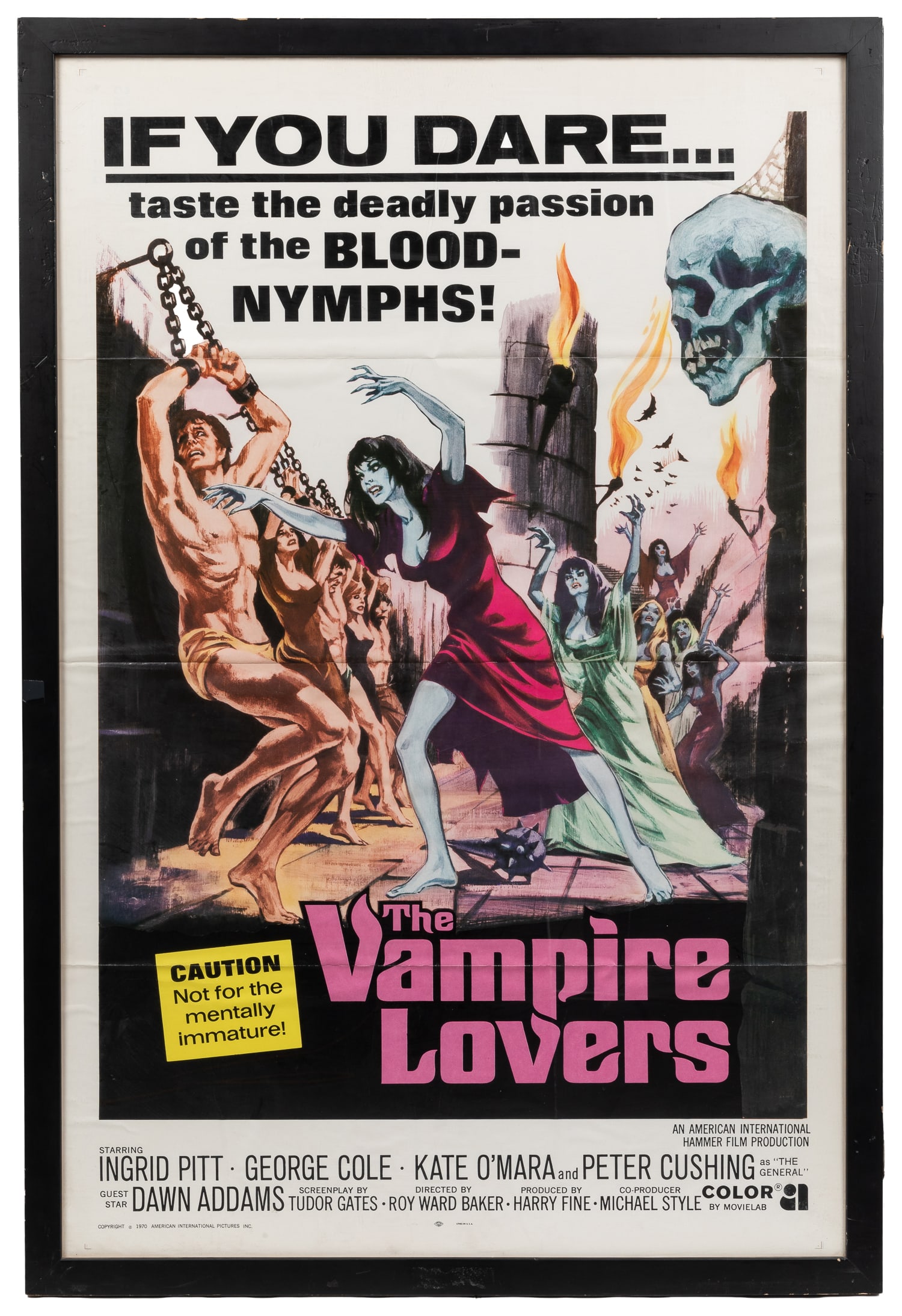 The Vampire Lovers. American International, 1970.: The Vampire Lovers. American International, 1970. One-sheet poster (41 x 27") for the horror film starring Ingrid Pitt, George Cole, Kate O'Mara, and Peter Cushing. Framed. Overall 43 x 29".
