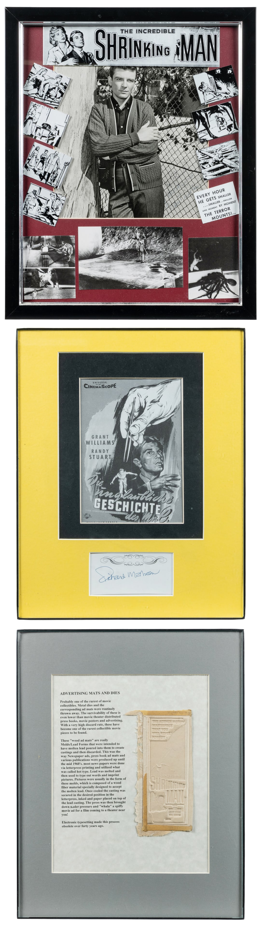 [CINEMA]. "The Incredible Shrinking Man" Group of Ephemera, Including Two Autographs. [V.p., ca.: [CINEMA]. "The Incredible Shrinking Man" Group of Ephemera, Including an Autograph. [V.p., ca. 1950s]. Including: a card signed by the author of the novel and screenwriter Richard Matheson (1926-2013)