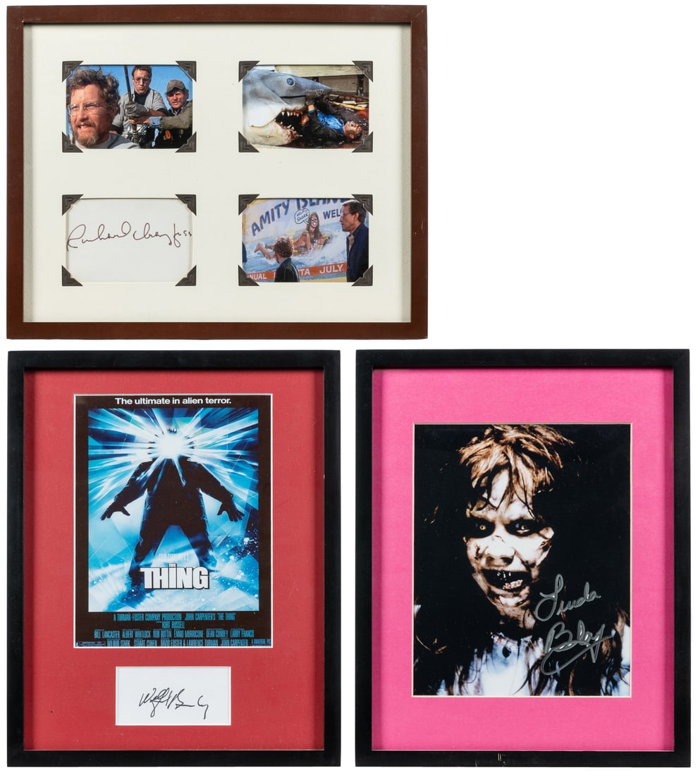 [CINEMA]. Trio of Autograph Items from Famous Horror Movies. [N.p., ca. 20th century].: [CINEMA]. Trio of Autograph Items from Famous Horror Movies. [N.p., ca. 20th century]. Including: "The Exorcist" later signed photo of Linda Blair as the possessed Regan MacNeil, signed by Blair in si