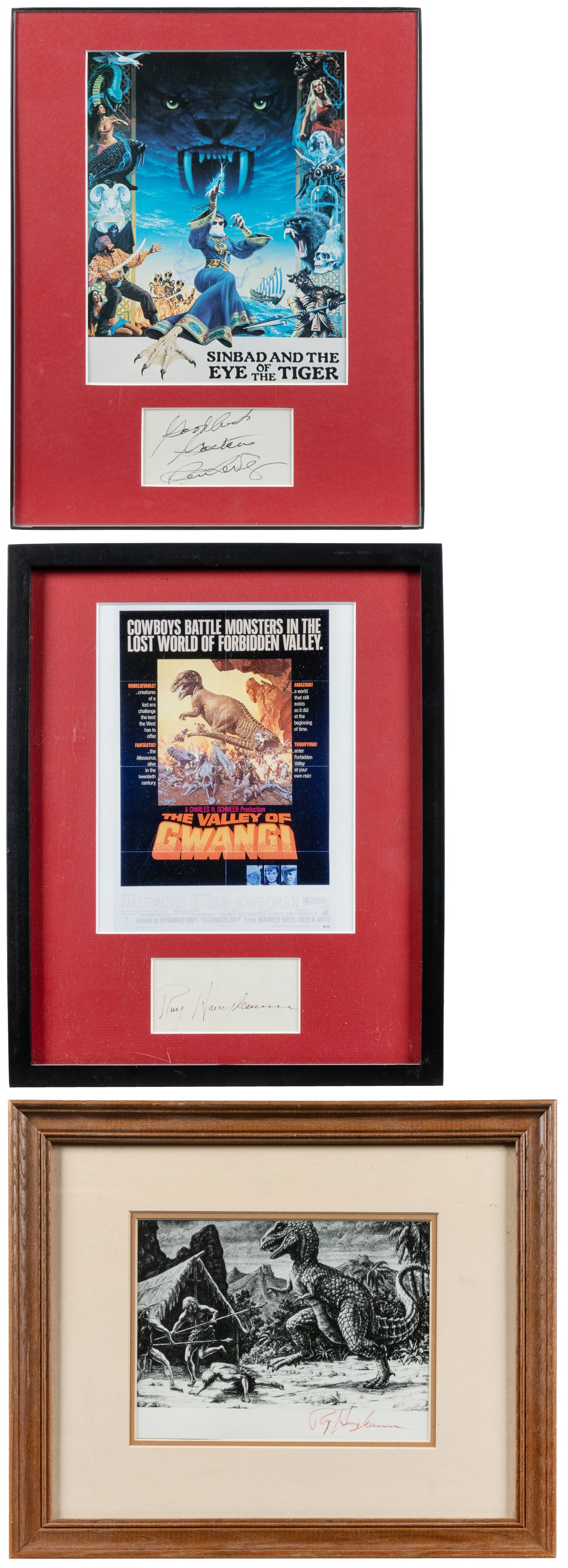 [CINEMA]. Trio of Autograph Items by or Related to Ray Harryhausen. [N.p., ca. 20th century].: [CINEMA]. Trio of Autograph Items by or Related to Ray Harryhausen. [N.p., ca. 20th century]. Including: "The Valley of the Gwangi" reproduction of an original study by Harryhausen, signed by him in r