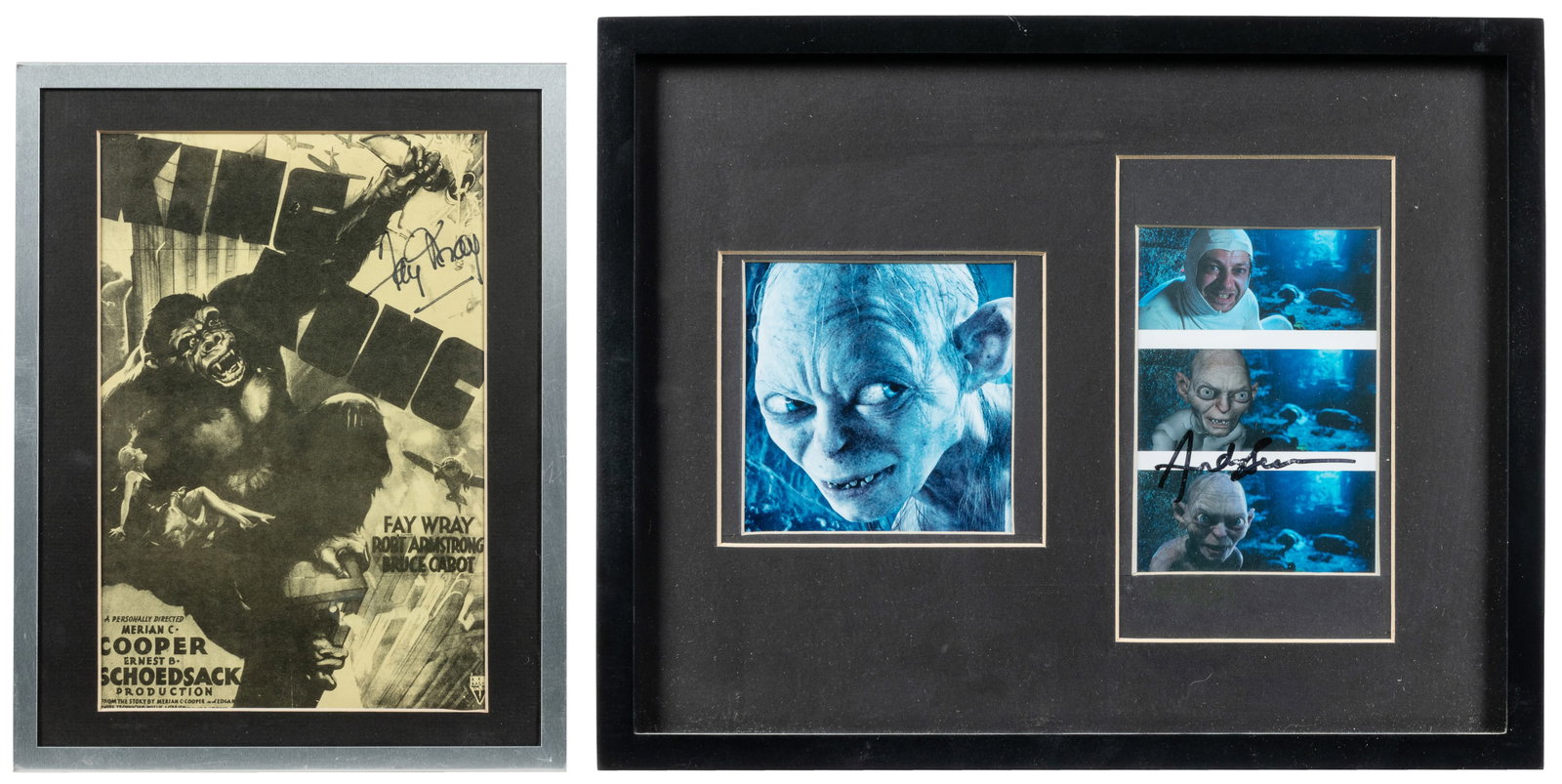 [CINEMA]. Pair of Signed Items from Iconic Actors from Fantasy Films. [N.p., ca. 20th - 21st: [CINEMA]. Pair of Signed Items from Iconic Actors from Fantasy Films. [N.p., ca. 20th - 21st centuries]. Including: "King Kong" (1933). Later small reproduction (yellow tinted) of the one-sheet, signe