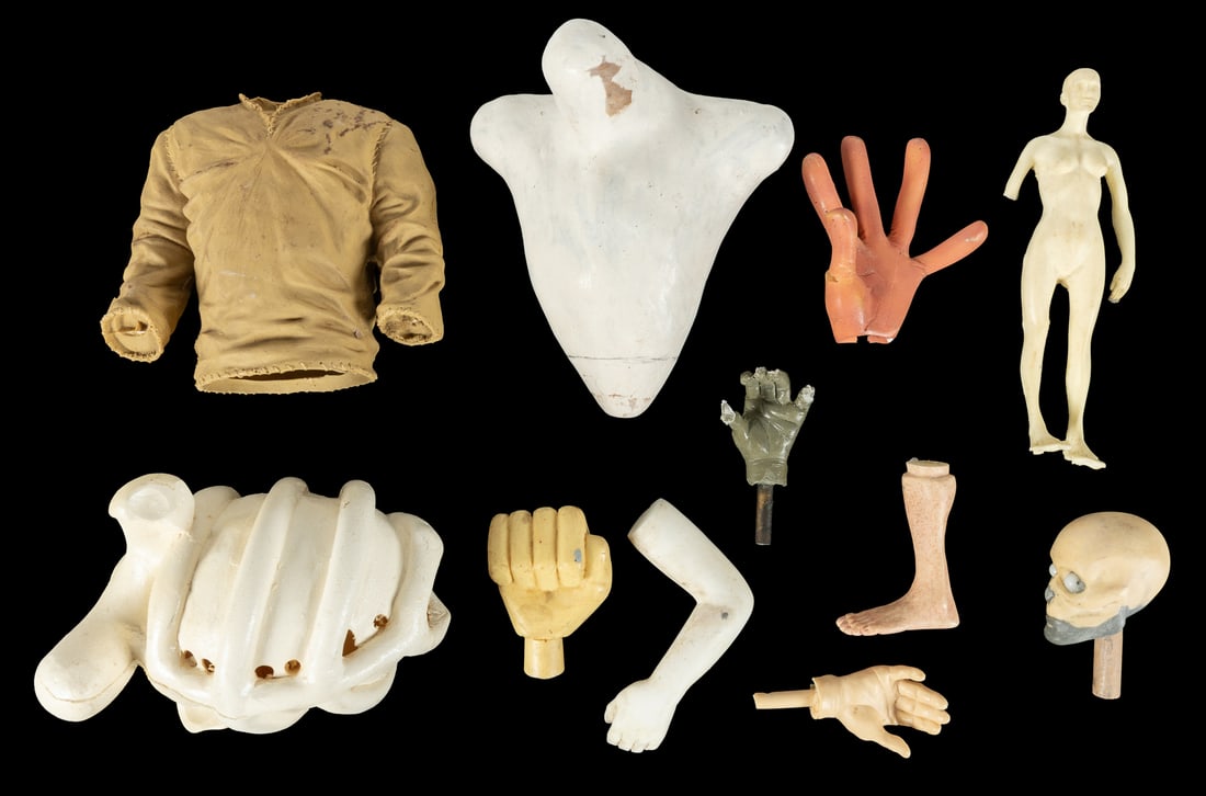 SCHAPER, Erik (1962-2025). Group of Model Parts.: SCHAPER, Erik (1962-2025). Group of Model Parts. Mixed media (plastic, plaster, rubber, ceramic, and more). Over 30 individual pieces comprising torsos, legs, arms, hands, heads, feet, and other