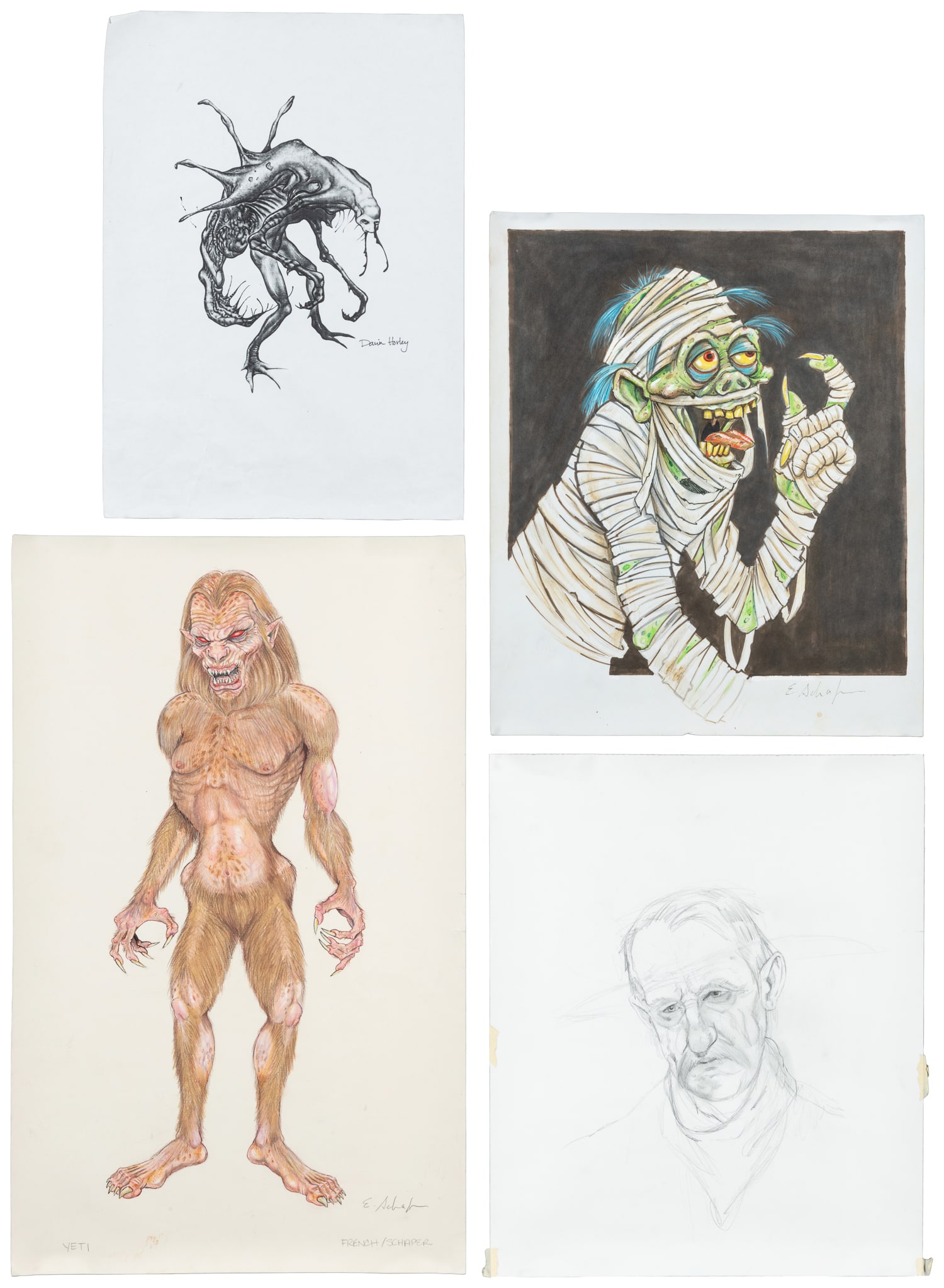 Group of Concept Artwork. 21st century.: Group of Concept Artwork. 21st century. Mixed media. Includes creatures by Erik Schaper, an alien by Ricardo Delgado, work by Robels for Mars Needs Moms, and Darin Horley. Largest: 23 3/4 x 14 5/8".