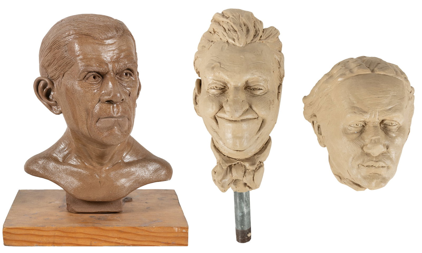 SCHAPER, Erik (1962-2025). Plasticine Portraits of Harry Houdini, Boris Karloff, and Stan Laurel.: SCHAPER, Erik (1962-2025). Plasticine Portraits of Harry Houdini, Boris Karloff, and Stan Laurel. Houdini and Laurel with metal inner supports. Karloff with a wooden support and stand. Largest