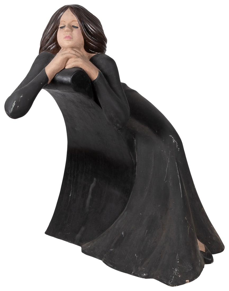 RHOADES, Anna Lou (Louie) (American, 20th century). Figural...: RHOADES, Anna Lou (Louie) (American, 20th century). Figural Sculpture of a Seated Woman in a Black Dress. Painted Fiberglass. Surface dirt, scratches, cracking in areas, fly specks, and abrasions.
