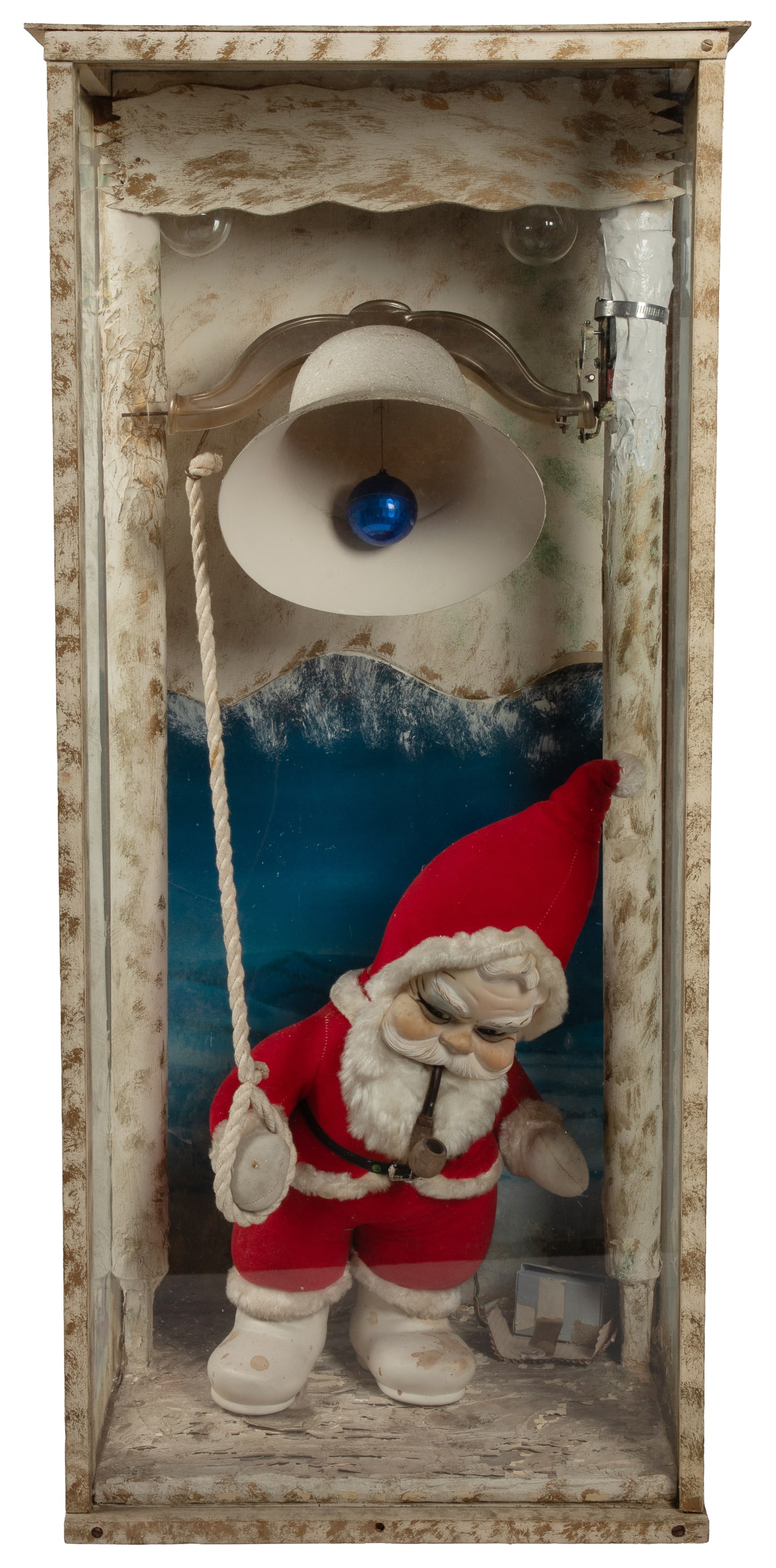 [AUTOMATA]. Christmas Display of Santa Ringing a Bell in Glass Case. [N.p., ca. 20th century].: [AUTOMATA]. Christmas Display of Santa Ringing a Bell in Glass Case. [N.p., ca. 20th century]. Santa Claus figure holding a bell-pull, standing beneath a bell. Housed in custom-built wooden case with
