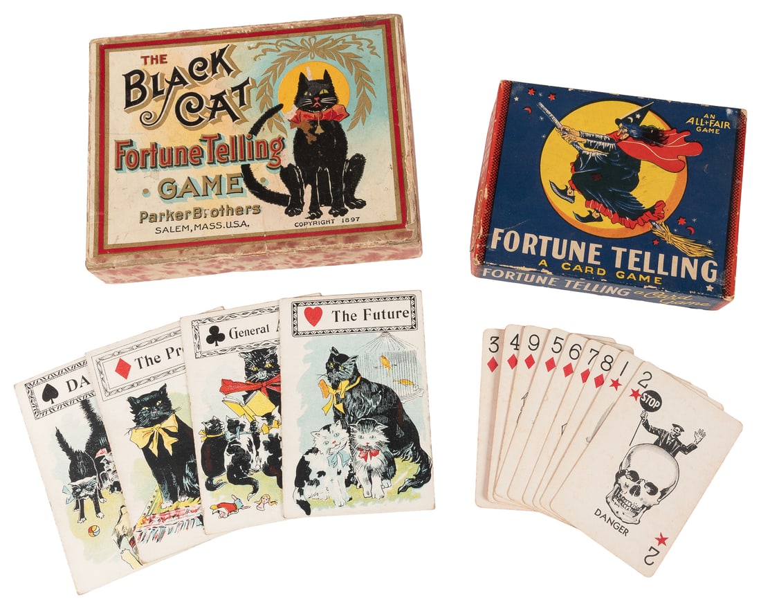 Two fortune telling card games.: Two fortune telling card games. Including: The Black Cat Fortune Telling Game. Salem: Parker Brothers, 1897 (copyright). Complete deck of 24 color lithograph cards, plus instructions booklet, and