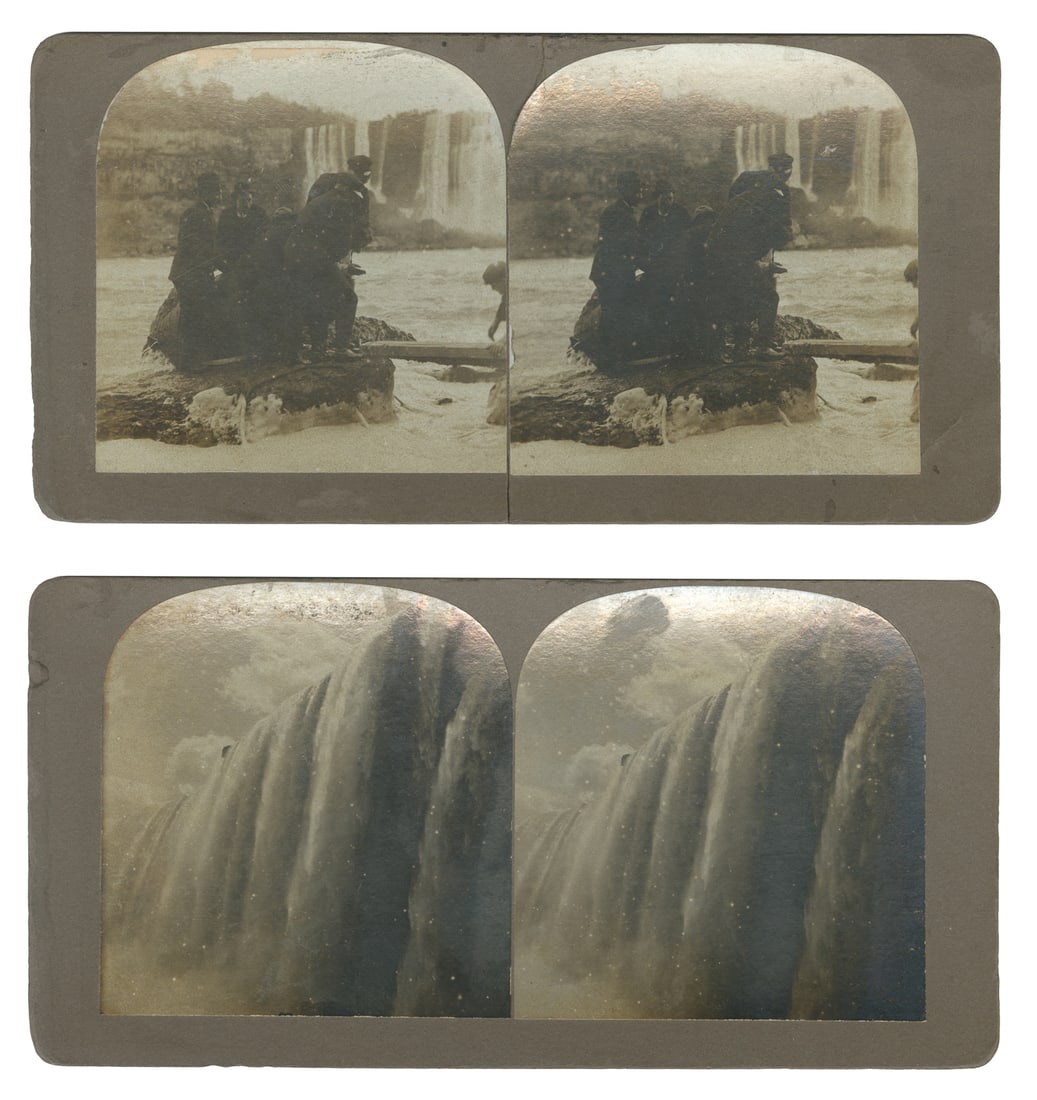 Pair of Stereoviews of a Barrel going over Niagara Falls. 1901.: Pair of Stereoviews of a Barrel going over Niagara Falls. 1901. Label adhered to verso reads "Entered Barrel 1 1/2 miles above Falls. Was in Barrel 1 hour and 15 minutes. Had 32 lbs. air in Barrel.