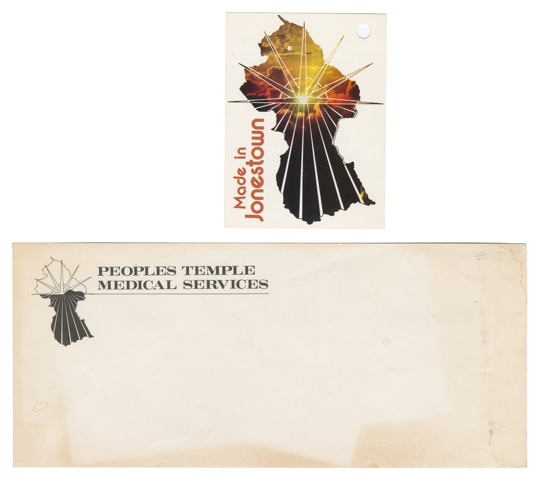 [JONESTOWN]. People's Temple Medical Services Envelope and "Made in Jonestown" Product Tag. (1 of 2)