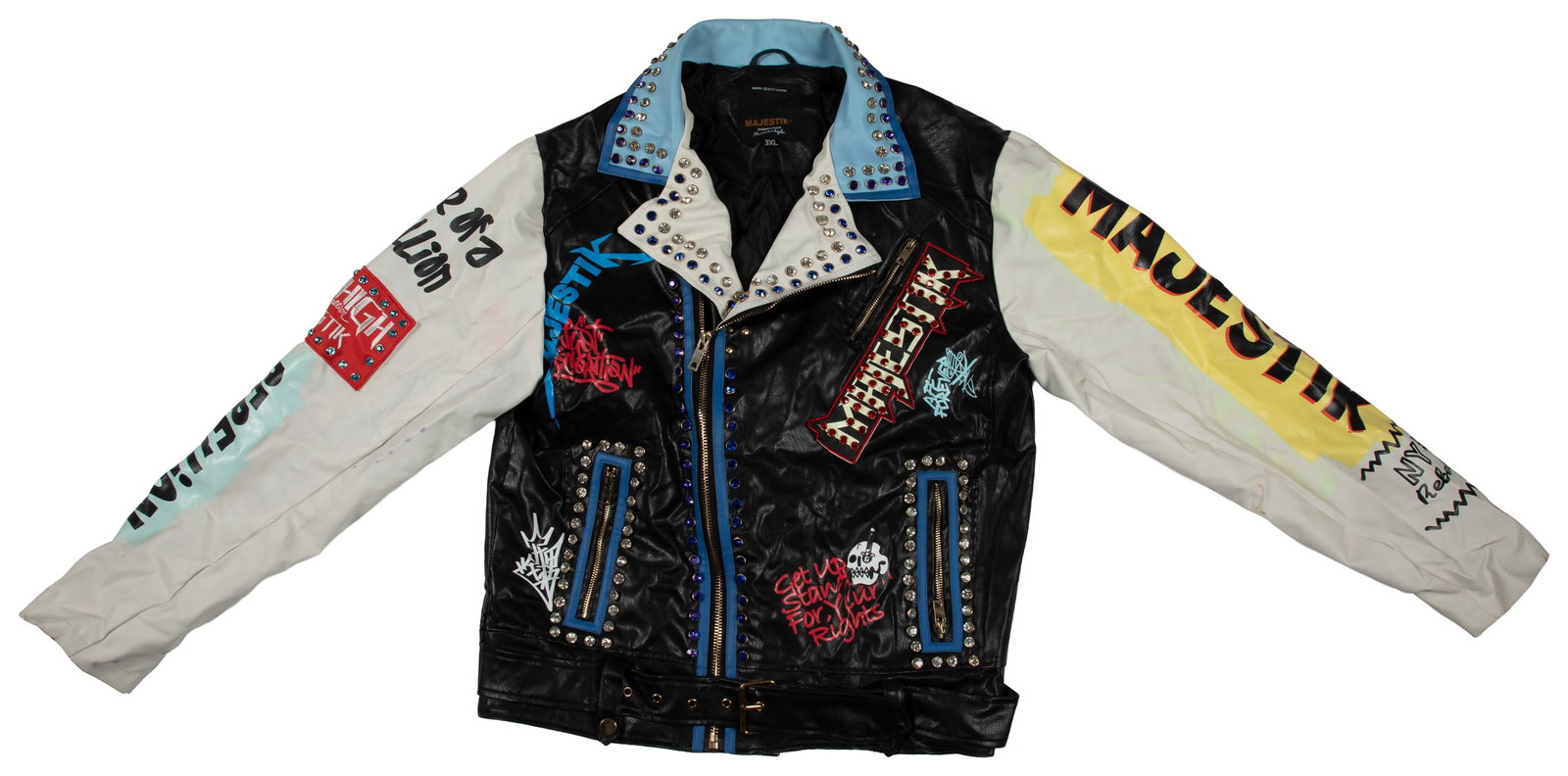 GALLAGHER (Leo Gallagher Jr., 1946 - 2022). Majestik Punk Rock-Style Studded Leather Motorcycle: GALLAGHER (Leo Gallagher Jr., 1946 - 2022). Majestik Punk Rock-Style Studded Motorcycle Jacket. 21st century. 3XL faux leather motorcycle jacket with studded embellishments and painted logos and