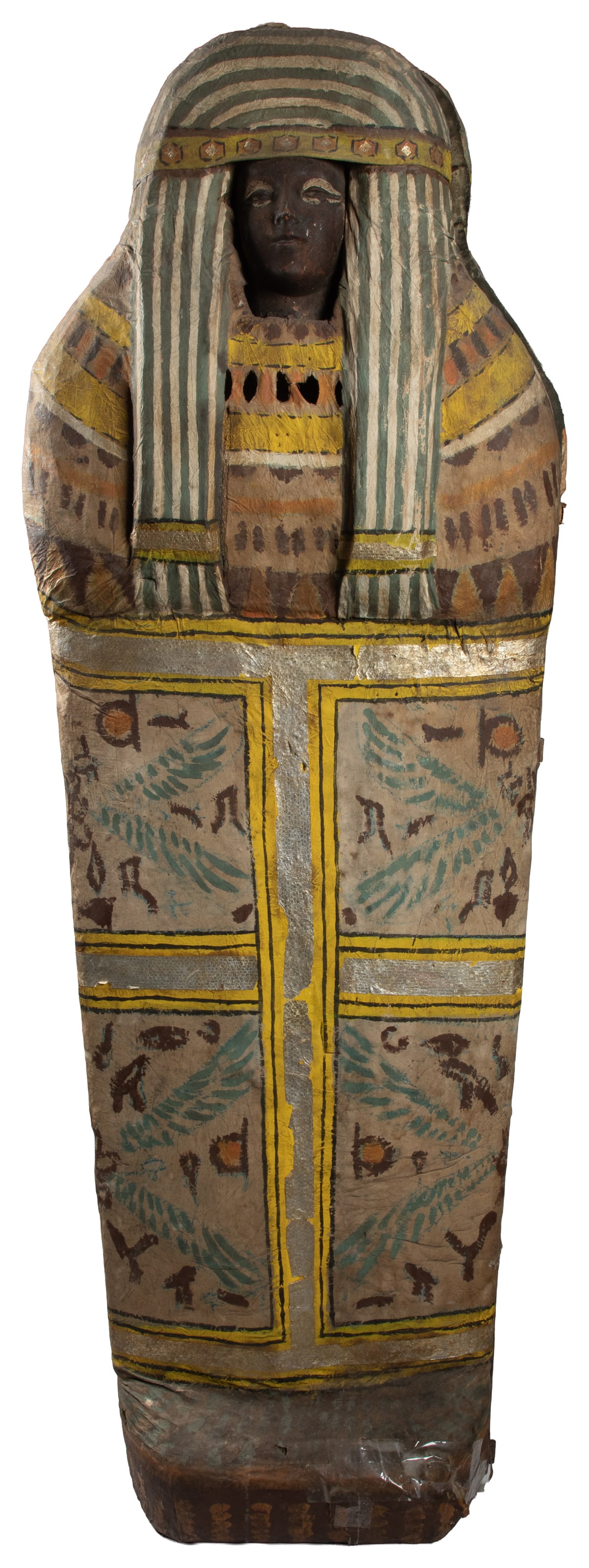 Cloth M?¢ch?© Egyptian Sarcophagus.: Cloth Mâché Egyptian Sarcophagus. Mixed media. Large hand-painted and adorned sarcophagus with hinged door. Height approximately: 77". Customer pickup or third-party shipping required.