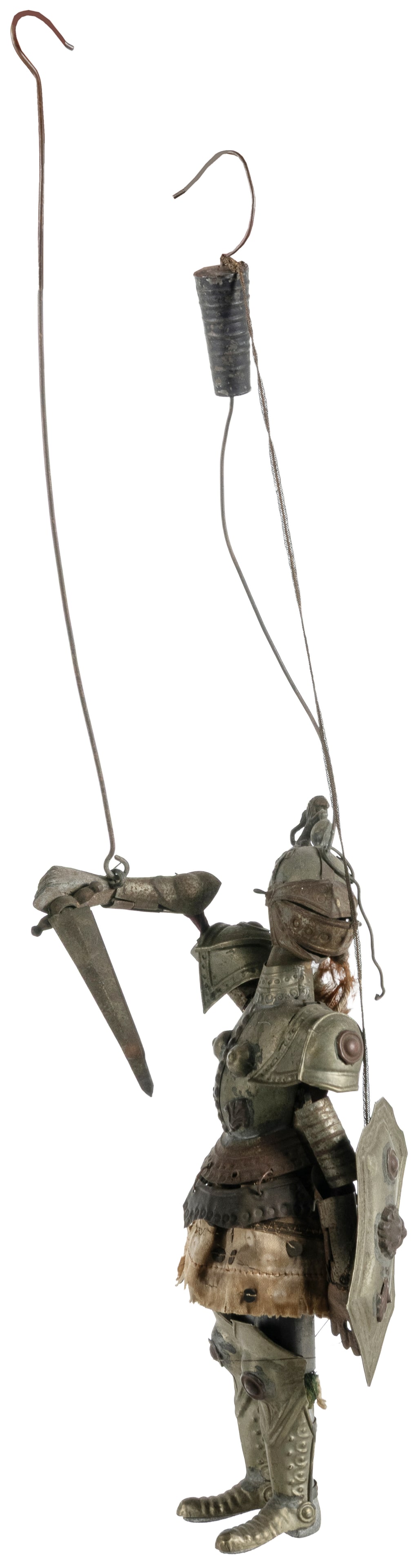 Joan of Arc puppet.: Joan of Arc puppet. Circa 20th century. Metal, wood, and fabric, with hand-painted composition head, depicting an armored female figure, likely Joan of Arc. Figure height 10"; overall 19".