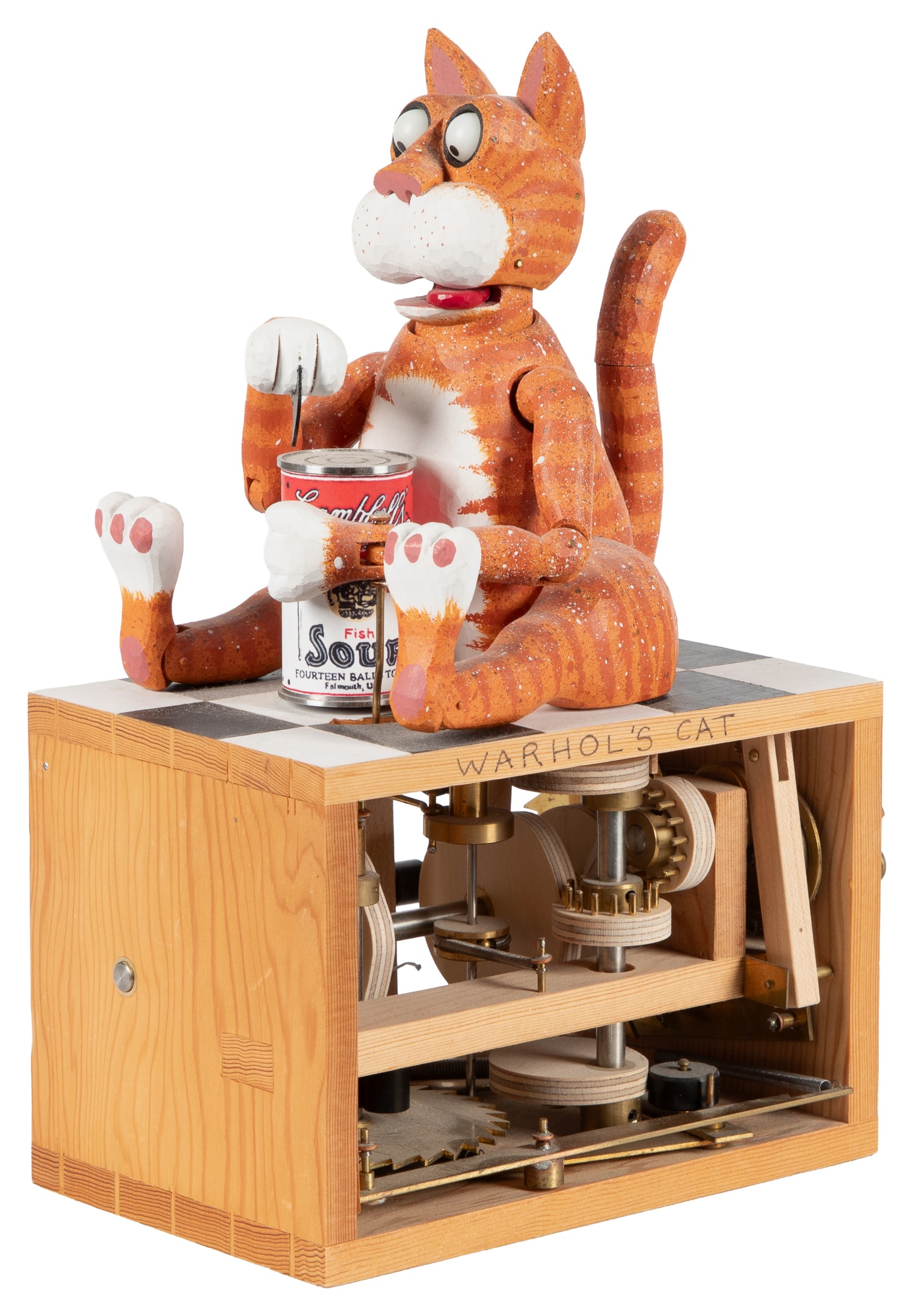 Warhol’s Cat Automaton. Cornwall: Fourteen Balls Toy Co., 2015.: Warhol’s Cat Automaton. Cornwall: Fourteen Balls Toy Co., 2015. The wide-eyed cat uses one claw in his attempt to open the can of Campbell’s soup in his paws. As the crank is turned, the