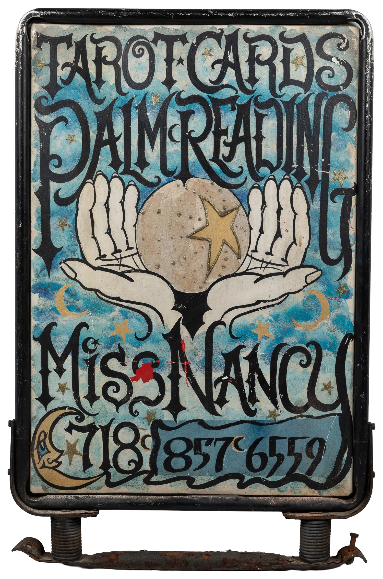 Hand-painted metal fortune telling sign for Miss Nancy.: Hand-painted metal fortune telling sign for Miss Nancy. New York, late 20th/early 21st century. Double-sided metal sign. One side advertises tarot cards and palm reading with a classic crystal ball