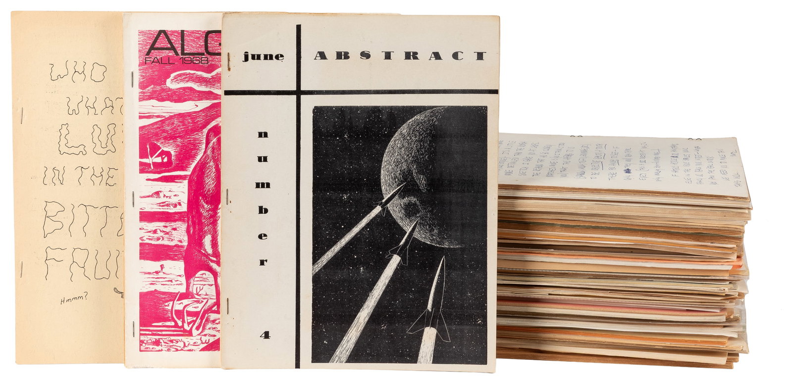 Large Group of Early Sci-Fi and Fantasy Fanzines. 70+ items.: Large Group of Early Sci-Fi and Fantasy Fanzines. 70+ items. V.p., ca. 1950s-70s. Illustrated. Xerox, Print Shop, Mimeograph, Stapled etc. Typed, etc. Unusual and typical subjects: Conventions,