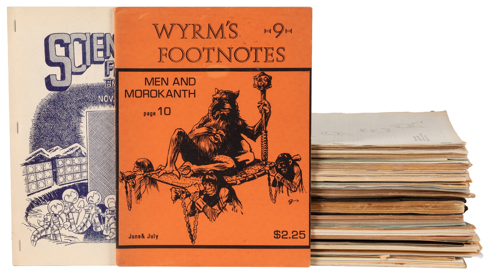 Large Group of Early Sci-Fi and Fantasy Fanzines. 55+ items.: Large Group of Early Sci-Fi and Fantasy Fanzines. 55+ items. V.p., ca. 1950s-70s. Many Illustrated. Xerox, Print Shop, Mimeograph, Stapled etc. Typed, etc. Unusual and typical subjects: Convention