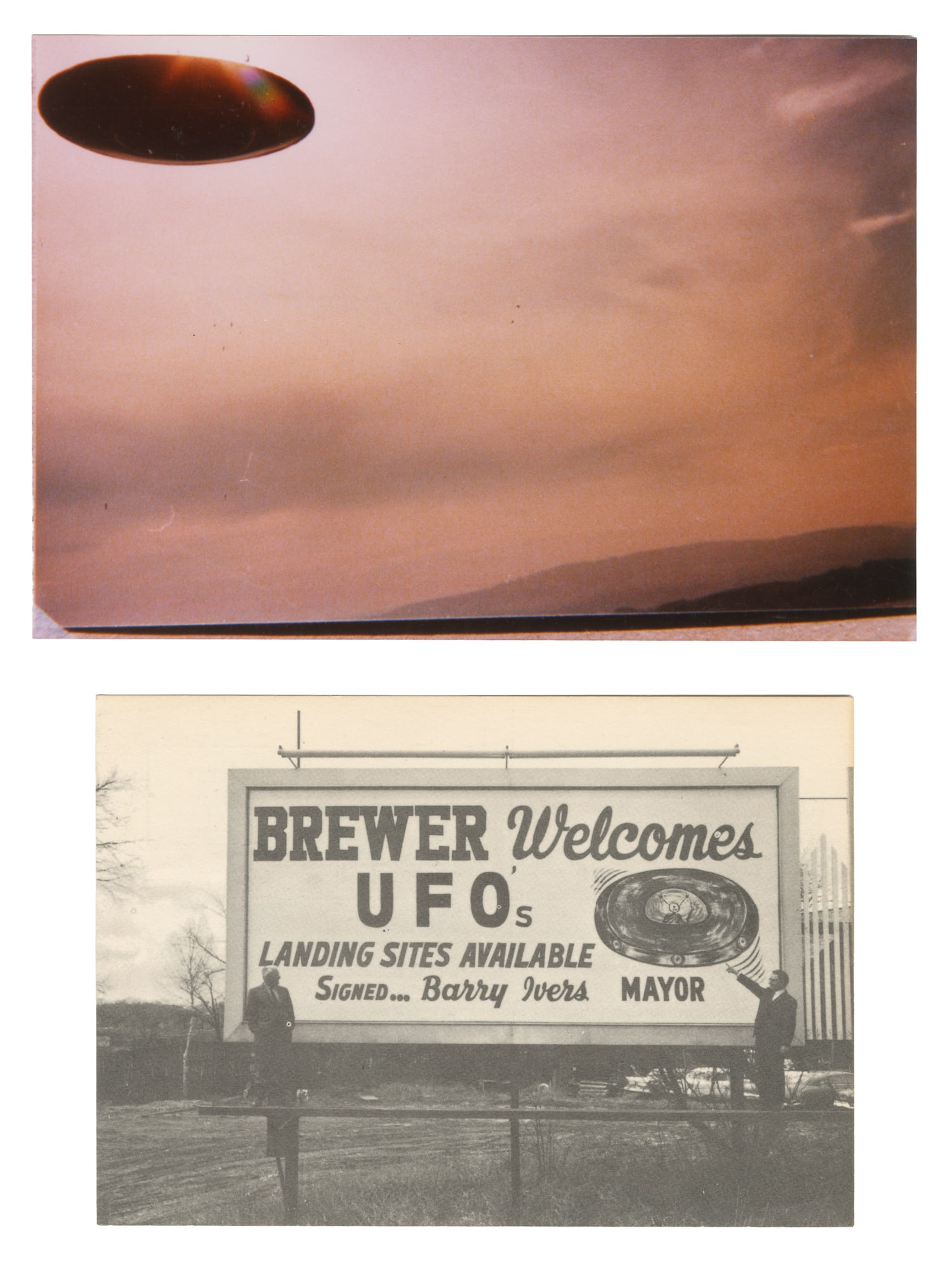 Brewer Welcomes UFO's Postcard, and UFO Photograph. (Printed later). 1966 and 1975.: Brewer Welcomes UFO's Postcard, and UFO Photograph. (Printed later). 1966 and 1975. Largest 4 x 5 3/4". Novelty postcard and photo inscribed, "27, Feb 75, 10:00 Jacobsberg - Allenberg Switzerland. E.