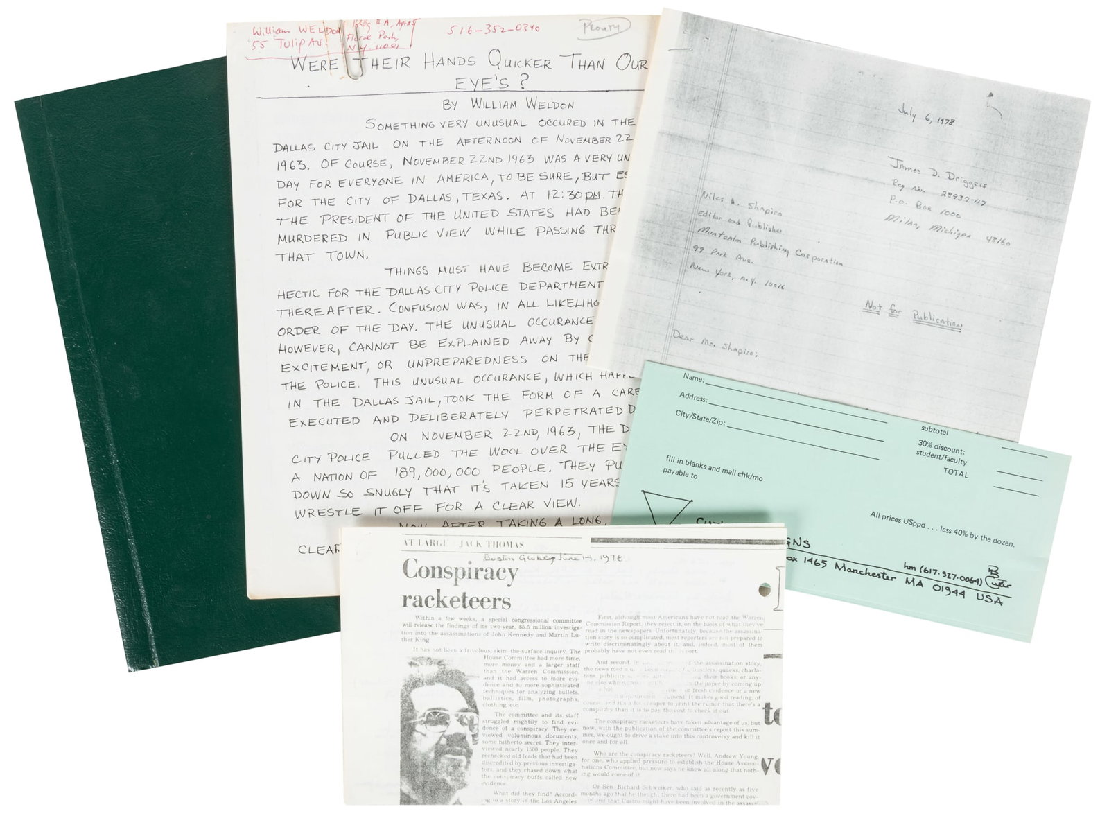 CUTLER, Robert Bradley. Evidence of Conspiracy. A 30 - yr overview.: CUTLER, Robert Bradley. Evidence of Conspiracy. A 30 - yr overview. 1978. Signed in plate on cover page. The Kennedy and King assassinations are the main focus. Five other items included in lot,
