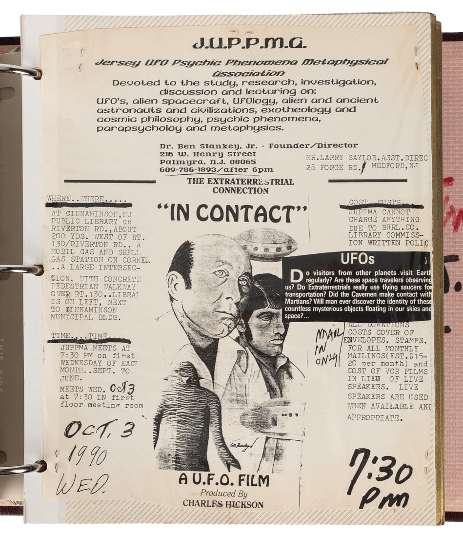 Jersey UFO Psychic Phenomenon Metaphysical Association. J.U.P.P.M.A: Homemade scrapbook of Dr. Ben: Jersey UFO Psychic Phenomenon Metaphysical Association. J.U.P.P.M.A: Homemade scrapbook of Dr. Ben Stankey Jr. Founder / Director, Palmyra, N.J., 1988-1995. Listing of events and general related