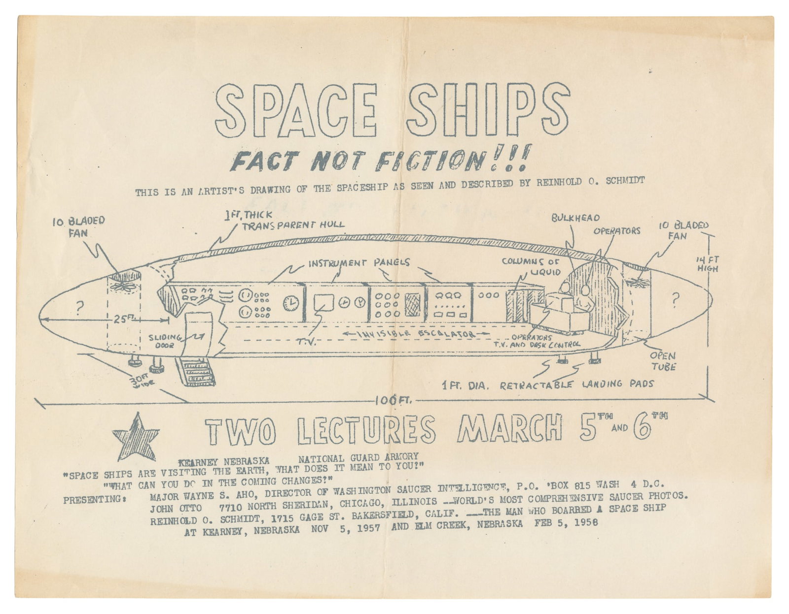 SPACE SHIPS. Fact Not Fiction!!! Lecture Flyer for event in Kearney, Nebraska at the National Guard: SPACE SHIPS. Fact Not Fiction!!! Lecture Flyer for event in Kearney, Nebraska at the National Guard Armory. 1957-1958. Speakers: Major Wayne S. Aho, Director of Washington Saucer Intelligence, John