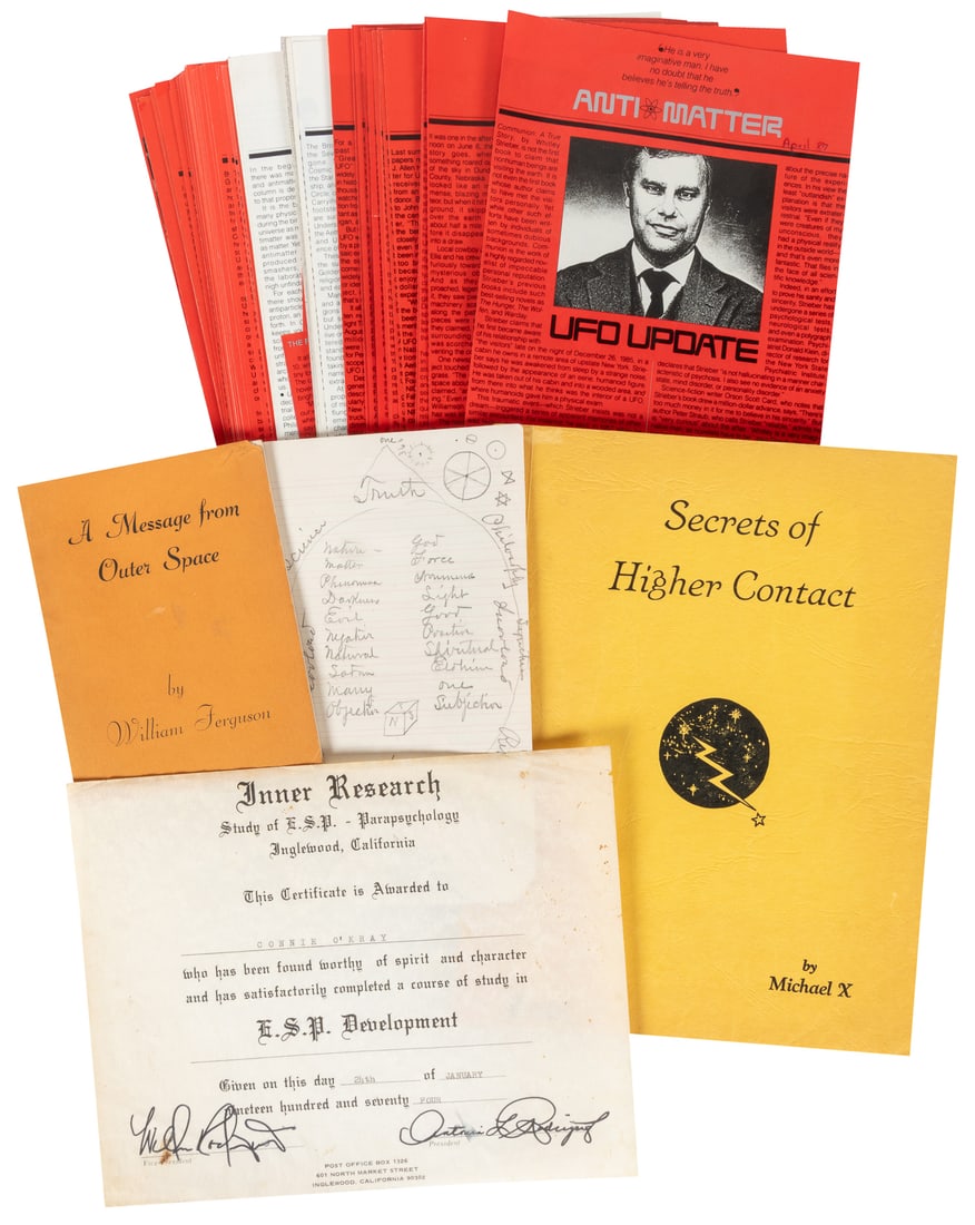 [UFOS]. Group of 4 Items.: [UFOs]. Group of 4 items. Including: A Message From Outer Space with Symbolic Drawing; Secrets of Higher Contact by Michael X; Inner Research E.S.P. Diploma; Anti-Matter UFO Update from Omni