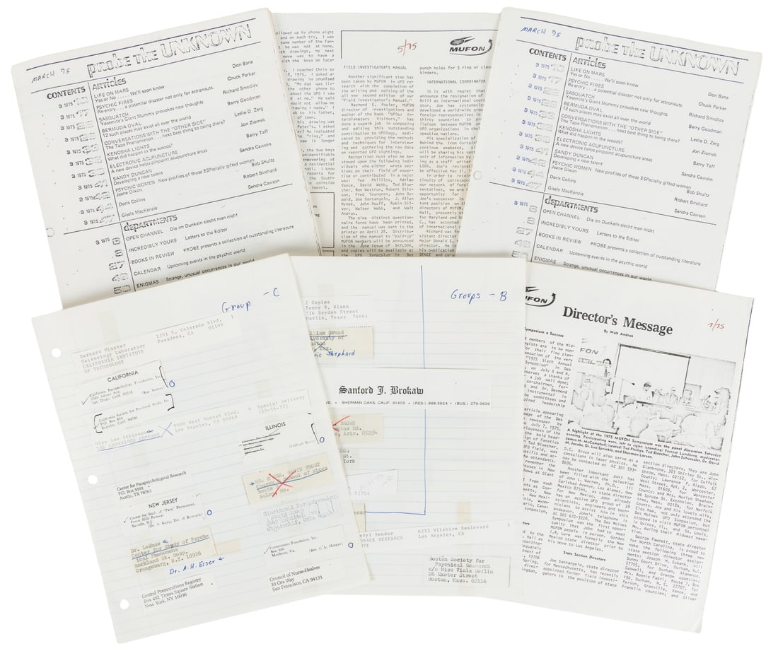 Mutual UFO Network (MUFON) group of ephemera.: Mutual UFO Network. (MUFON) group of ephemera. Circa 1970s. Includes alphabetical return address collage pages (dozens of names and addresses), and dozens of Xerox copies from multiple issues of vario