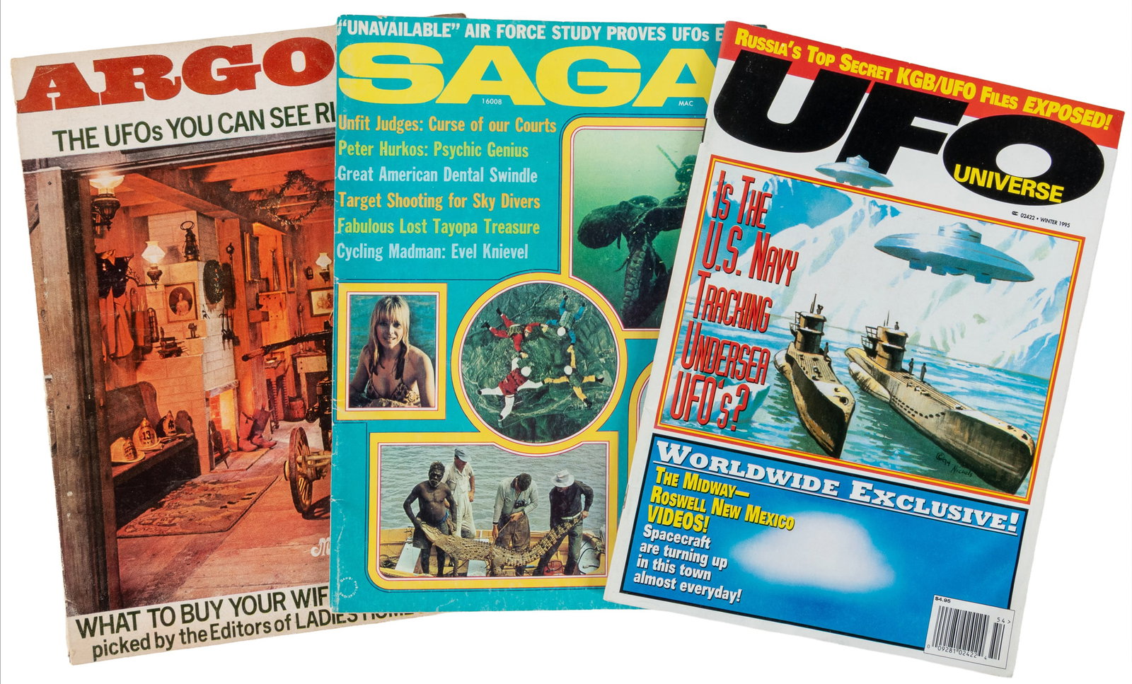 [UFOs]. Group of six magazines.: [UFOs]. Group of six magazines. 1970s-90s. Including: A Forum on Extraordinary Theories and Phenomena (3 issues, 1990s); UFO Universe 1995, Argosy "The UFOs You Can See Right Now" (1968); and SAGA: "U