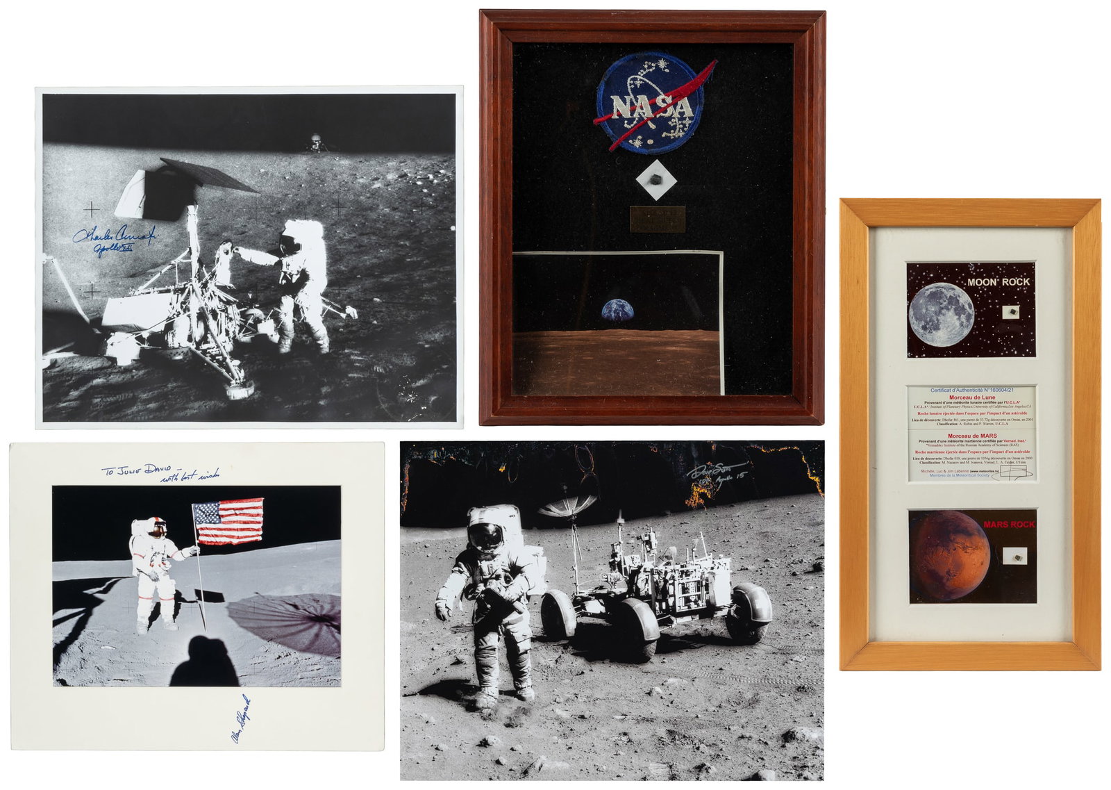 Group of 3 astronaut signed photos, and two framed space rocks.: Group of 3 astronaut signed photos, and two framed spacecraft or rock specimens. Five pieces total, including: an Alan Shepard photo, inscribed and signed on the mat; a Charles Conrad signed oversize 