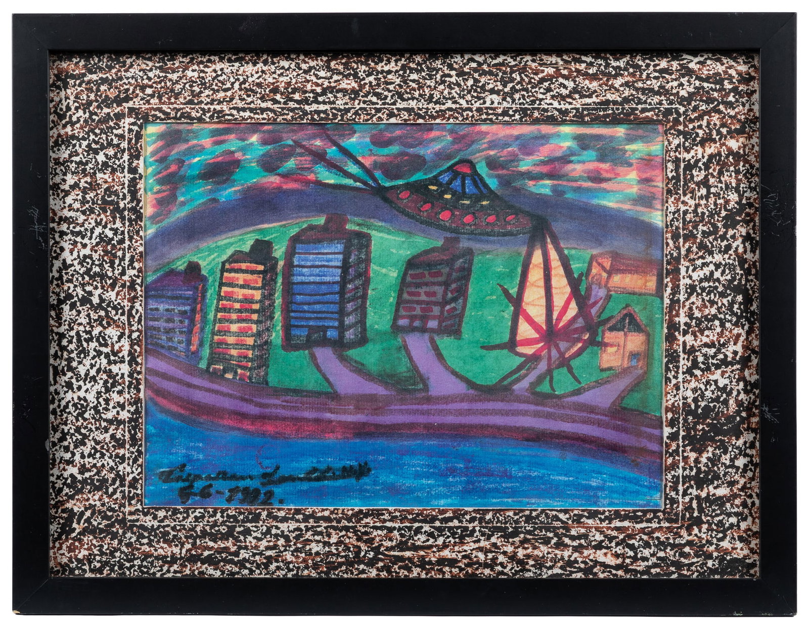 TALPAZAN, Ionel (Romanian, 1955-2015). UFO Over New York. 1992.: TALPAZAN, Ionel (Romanian, 1955-2015). UFO Over New York. 1992. Signed and dated lower left. Mixed media on paper. Ionel Talpazan was an outsider artist from Romania who sold his visionary works of UF