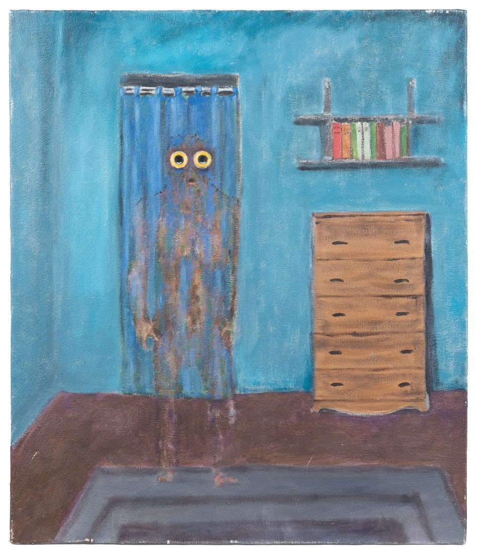 HUGGINS, David (American, 20th Century). Hairy Creature in Shower. Circa 2010.: HUGGINS, David (American, 20th Century). Hairy Creature in Shower. Circa 2010. Unsigned. Oil on canvas. David Huggins is a man from New Jersey who claims to have had a lifetime of encounters with othe