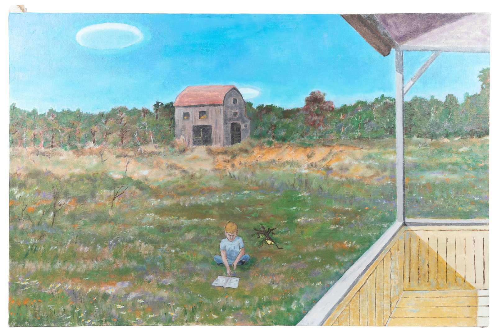 HUGGINS, David (American, 20th Century). David with Manta Friend Reading a Book with UFO's Above. (1 of 1)